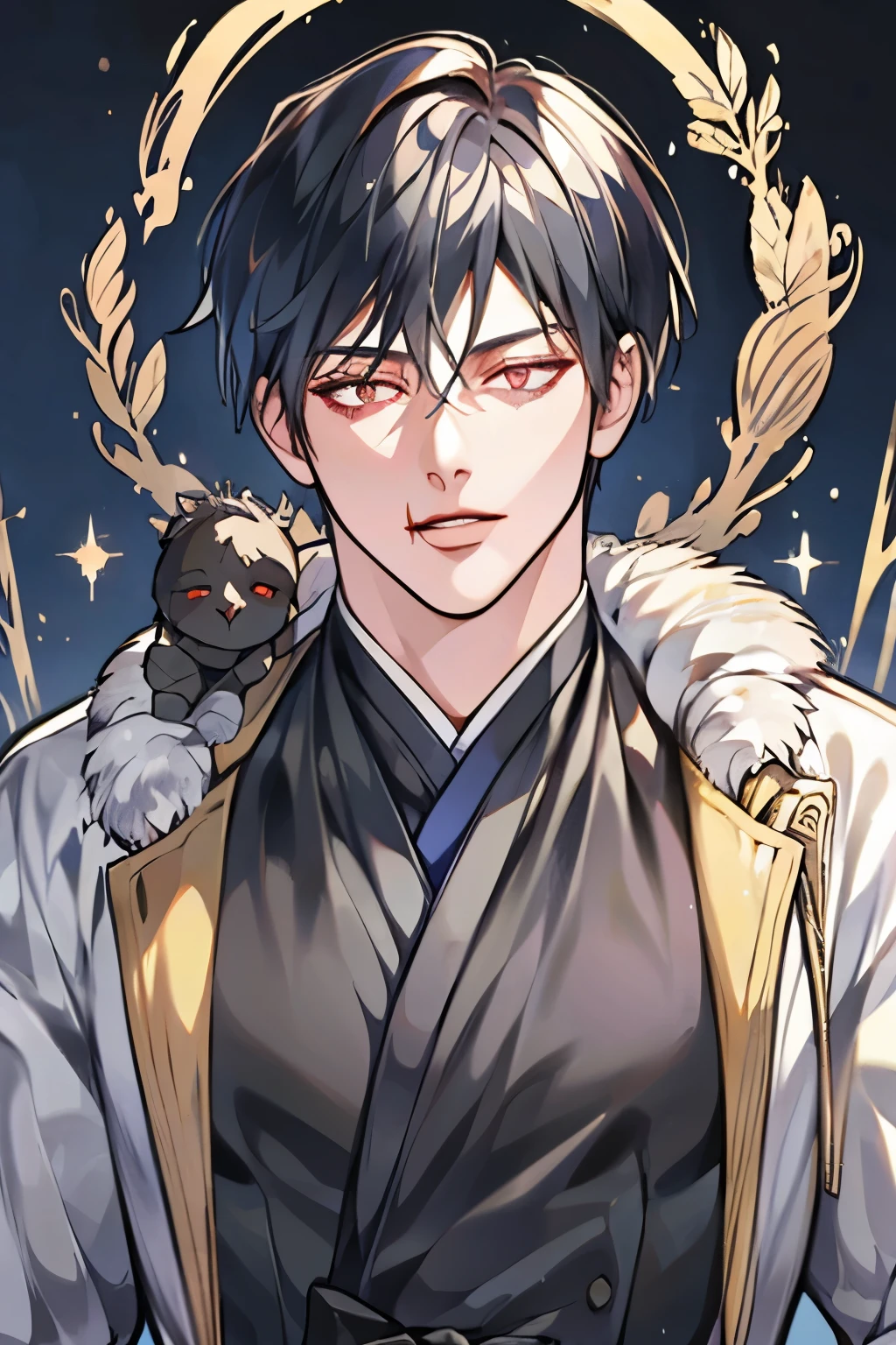 High Quality Rotating Shaman Portrait, Fushiguro Touji, handsome supermodel, strong expression , glowing eyes, Magical Action, dark atmosphere, gothic style, Detailed Artwork, Dark colors , Exquisite coloring, 4K Resolution, Extremely realistic texture, HDR, Professional Level Detailed Description