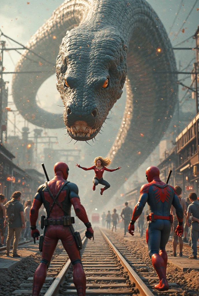 Create a group of superhero women wearing different costumes fighting a giant worm made of cans.
