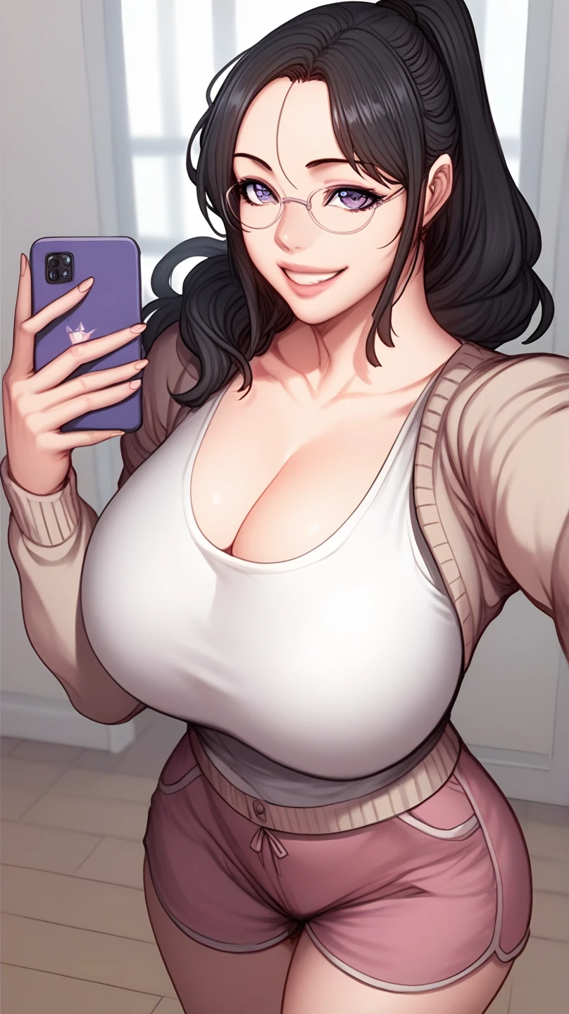 score_9, score_8_up, score_7_up, score_6_up, score_5_up, score_4_up, yu hee, brown eyes, black hair, long hair, large breasts, mature woman,  1girl, long_hair, blush, sweat, purple_eyes, lips, purple_hair, solo, 1girl, solo, phone, pants, denim, jeans, long_hair, holding_phone, bag, hand_in_pocket, holding, cellphone, jacket, black_shirt, smartphone, shirt, feet_out_of_frame, black_jacket, selfie, standing, belt, stairs, handbag, long_sleeves, indoors, shoulder_bag, blue_pants
