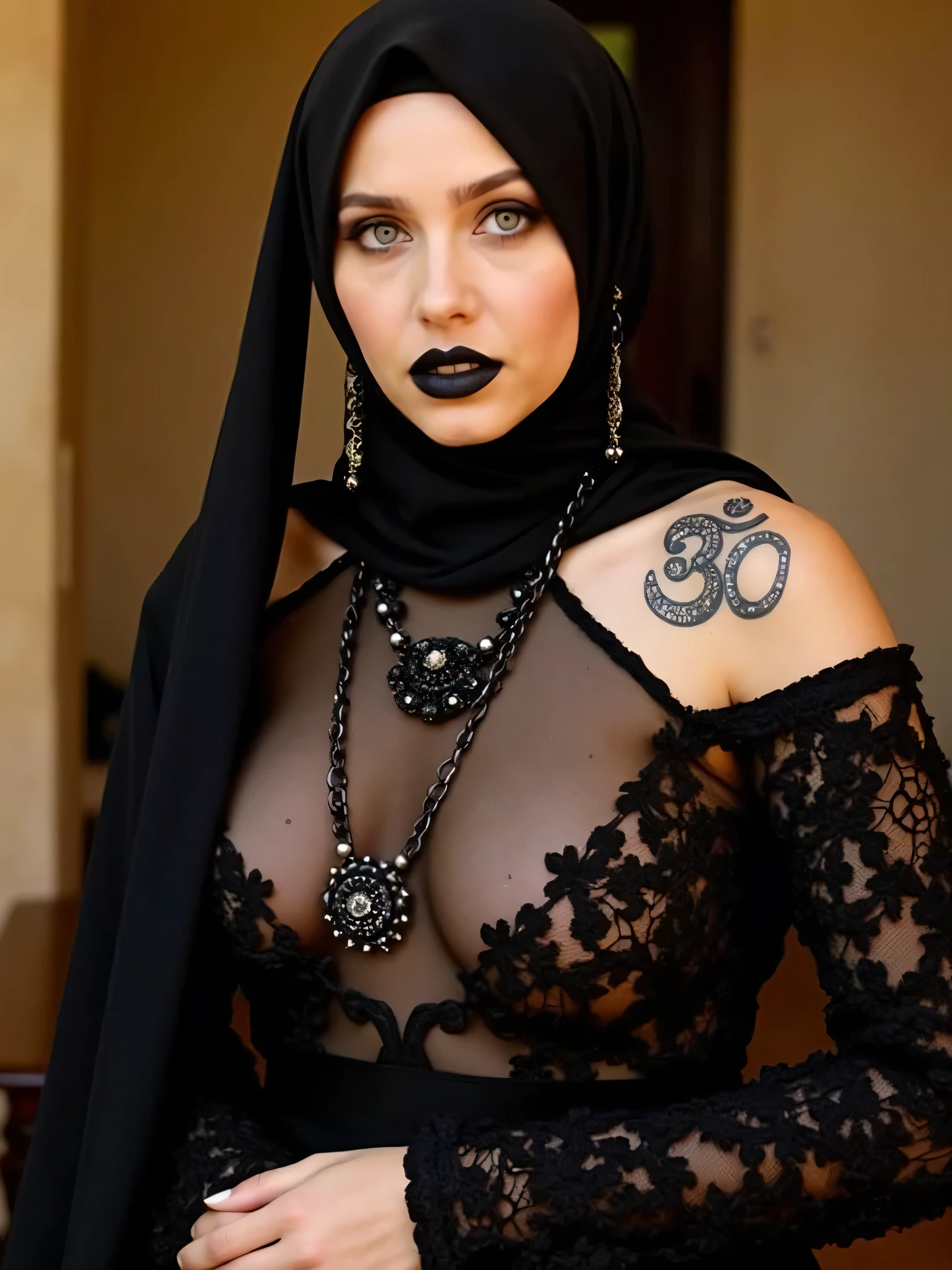 mature adorned m.i.l.f with intricate tattoos, donning a luxurious latex, hijab, strep, lying, emanating the allure of a seductive Gothic witch, exposing her enticing curves and long black nails, without underwear, naked, hot position, high heels, back, thicc, hatching, fitness body, sexualities positions."