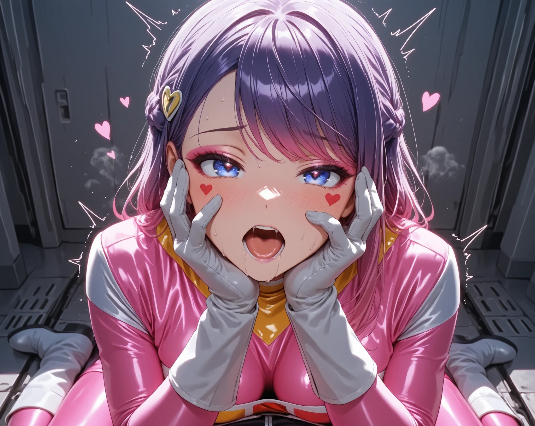 One young and beautiful woman,(Highest quality,Extremely detailed depiction,Incredibly absurd high resolution,Anatomically accurate depiction),(Sentai heroine pink woman),(White and pink bodysuit),eyelash,(Heavy makeup,Intensely glowing purple eyes,Glossy Lips,Open your mouth,Sticking out tongue,blush,A seductive smile),Sweat,Get on all fours on the bed,background:Bedroom at night