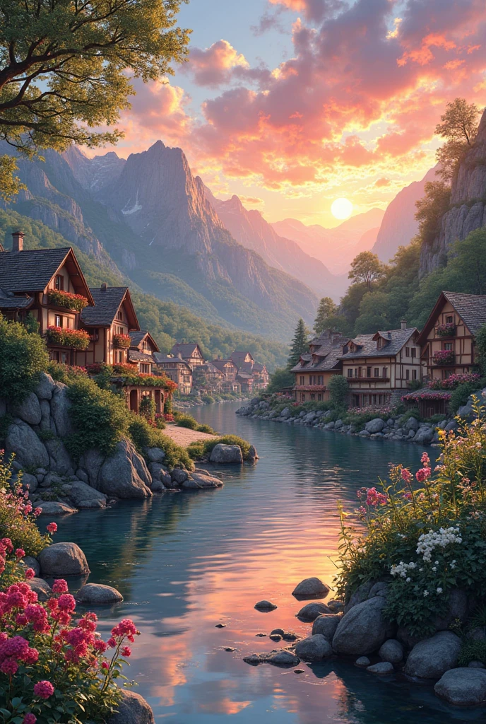 a small village by the river, mountains in the background, floral flowers colorful, detailed landscape, Beautiful natural landscapes, atmospheric lighting, scorching sunset, warm colours, practical, photopractical, Detailed Foliage, complex buildings, cobblestone street, Charming country house, swirly vibrant colors, lush vegetation, Still water reflections, Picturesque, idyllic, work of art, best qualityer, 8k, extremely detaild,anime styling