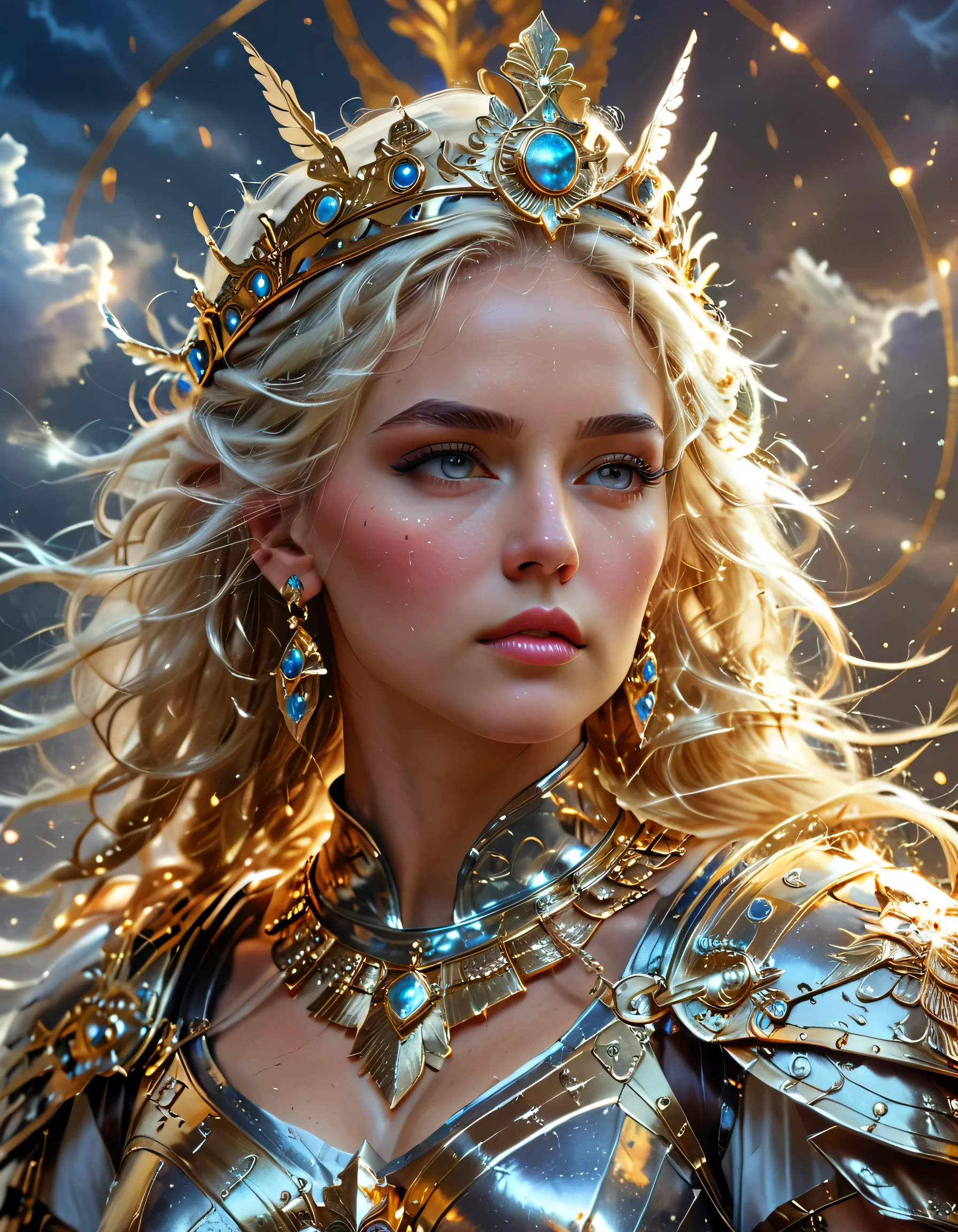 bust-up portrait, divine Roman warrior goddess, intense gaze, celestial armor with gold details, glowing jewelry, ornate crown with radiant halo, magical energy around her, floating feathers, backlight effect, detailed face, expressive eyes, wavy silver-blonde hair, fantasy lighting, mystical aura, stormy sky background, digital painting style, ultra-detailed, HDR, 8k, RAW photo, masterpiece, majestic composition