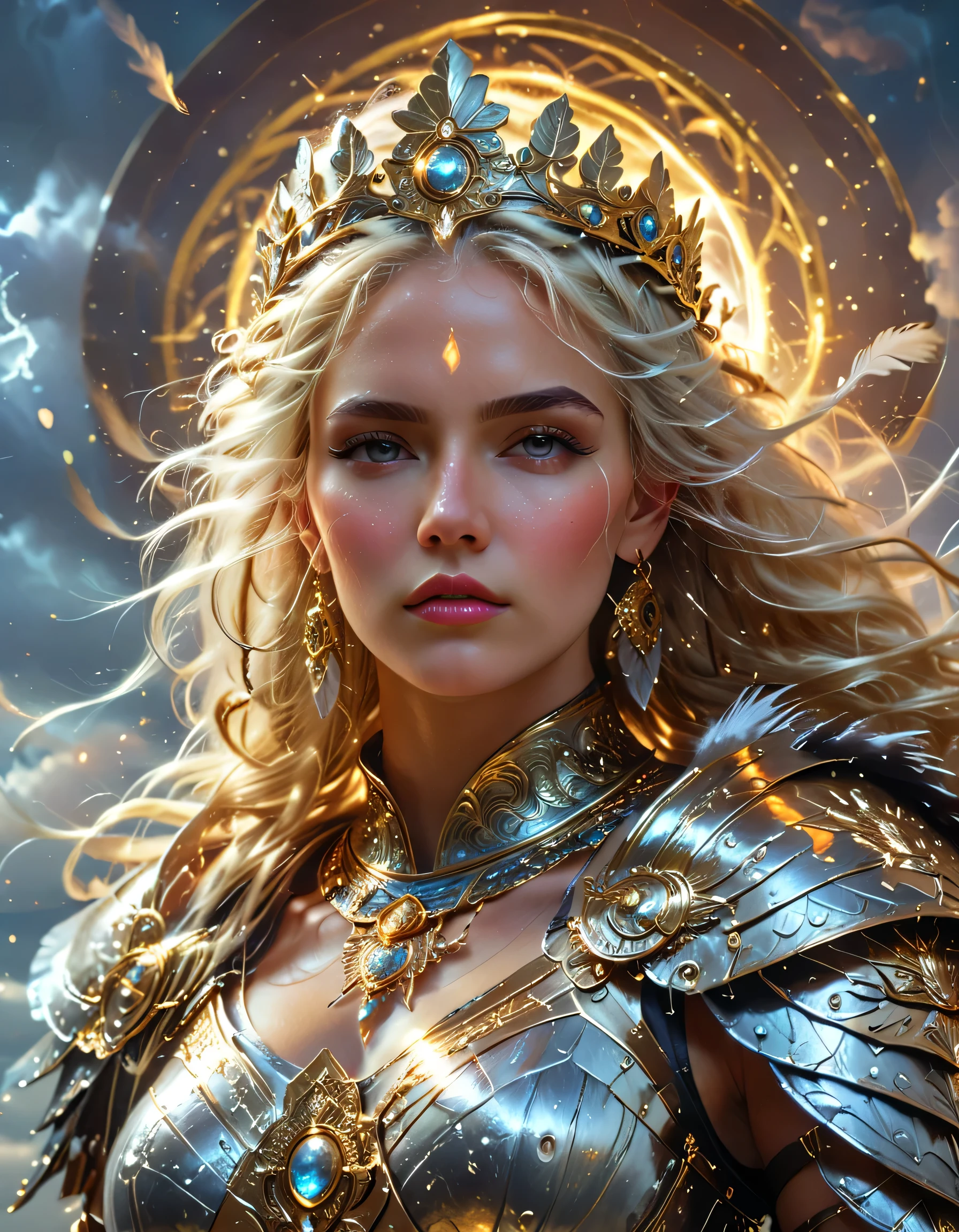 bust-up portrait, divine Roman warrior goddess, intense gaze, celestial armor with gold details, glowing jewelry, ornate crown with radiant halo, magical energy around her, floating feathers, backlight effect, detailed face, expressive eyes, wavy silver-blonde hair, fantasy lighting, mystical aura, stormy sky background, digital painting style, ultra-detailed, HDR, 8k, RAW photo, masterpiece, majestic composition