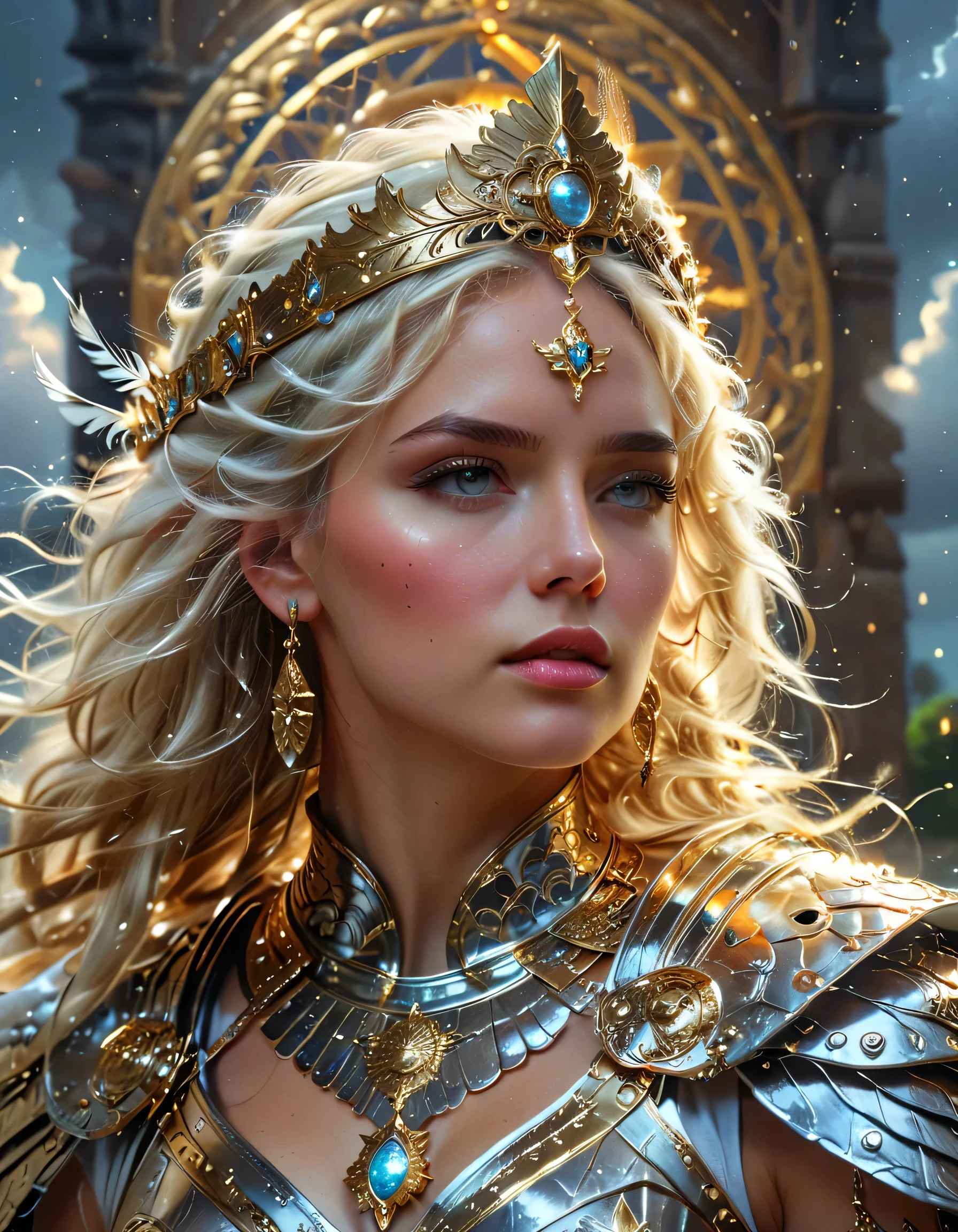bust-up portrait, divine Roman warrior goddess, intense gaze, celestial armor with gold details, glowing jewelry, ornate crown with radiant halo, magical energy around her, floating feathers, backlight effect, detailed face, expressive eyes, wavy silver-blonde hair, fantasy lighting, mystical aura, stormy sky background, digital painting style, ultra-detailed, HDR, 8k, RAW photo, masterpiece, majestic composition