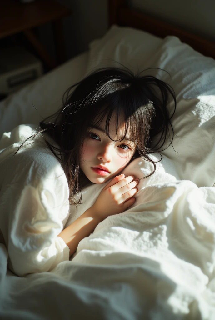 (best quality,8k,masterpiece:1.2), ultra-detailed, realistic, Japanese girl with a cute face, beautiful detailed eyes, expressive and melancholic facial expression, long eyelashes, wearing a loose T-shirt, lying face down on a modern bed, random hairstyle, in a fairytale-like room, cinematic lighting, photorealistic skin, captured with a Leica camera, vintage film vibe.cinematic, 35mm, photo --. niji 5 --ar 16:9 ---s 180