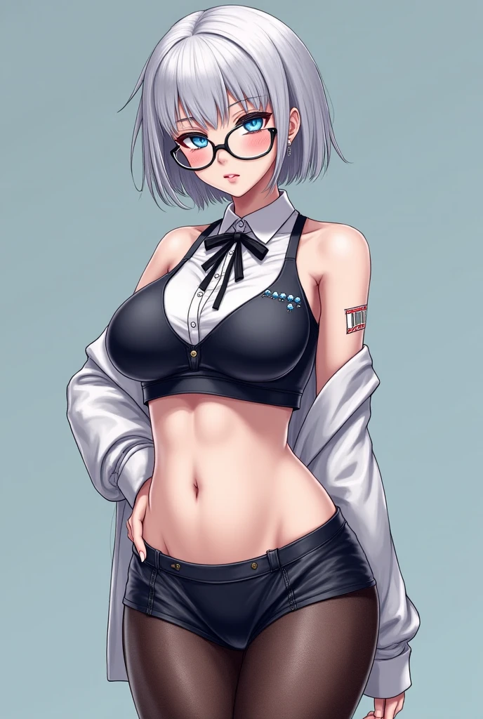 Masterpiece, high quality, 8k, ultra detail, 1 girl, ((furinarnd)) standing, indoors, (large breast), cleavage, smile, ((shorts)), (bra:1), navel, (white jacket)