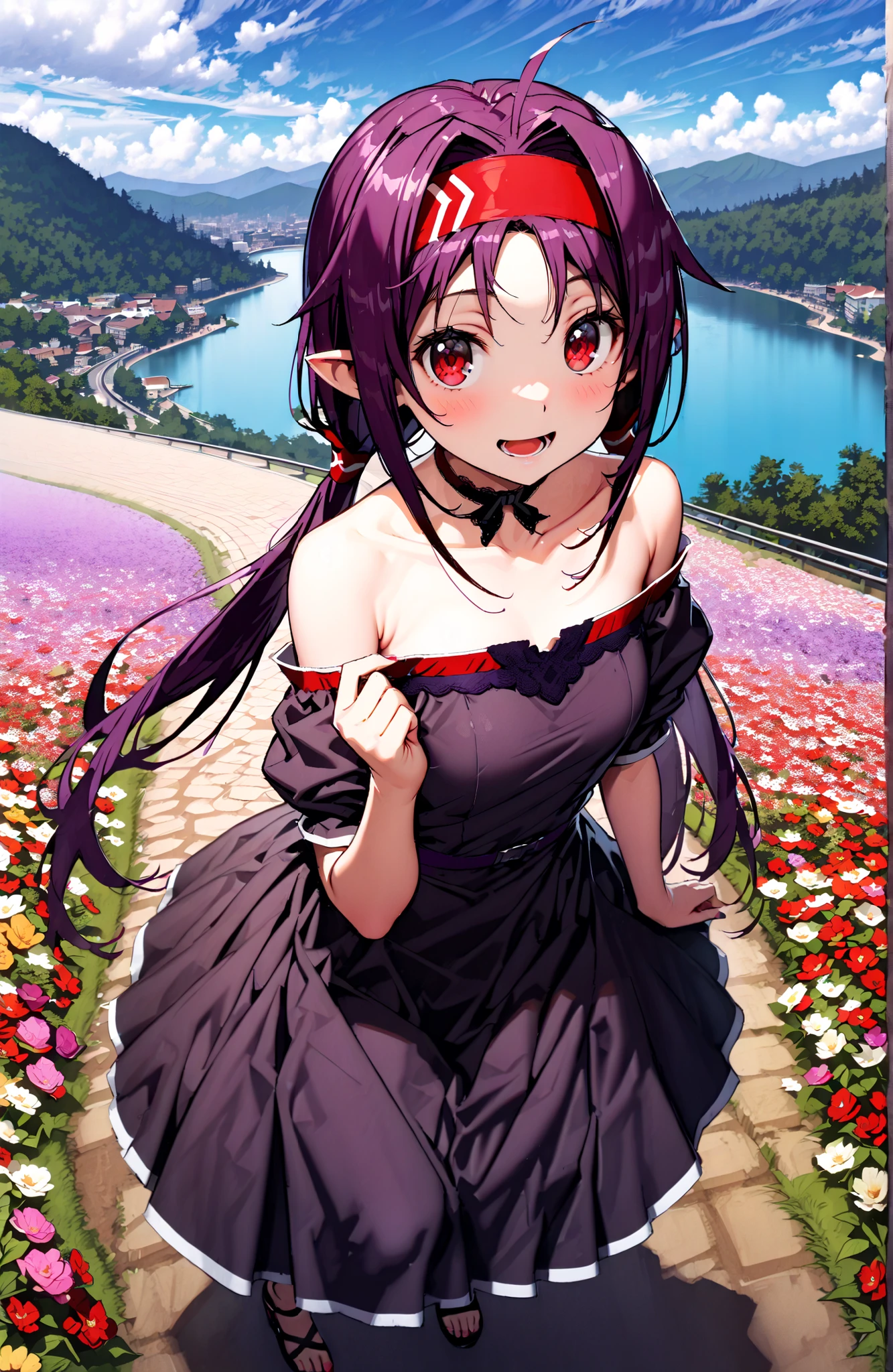 yuukikonno, yuuki konno, Headband, long hair, pointed ears, purple hair, red eyes,stupid hair,Low Twin Tails,smile,blush,open your mouth,bare shoulder,Bare clavicle,Bare neck,Purple off-shoulder dress ,Purple Long Skirt ,Heeled Sandals,standing,Flower Field,Mountain,river,full bodyがイラストに入るように,break outdoors,nature,
break looking at viewer,full body,
break (masterpiece:1.2),top quality ,Kampala,unity 8k 壁紙,(shape:0.8),( fine, beautiful eyes :1.6),It's a person ,full body写真,CG Details , (perfect hand,Complete Anatomy),