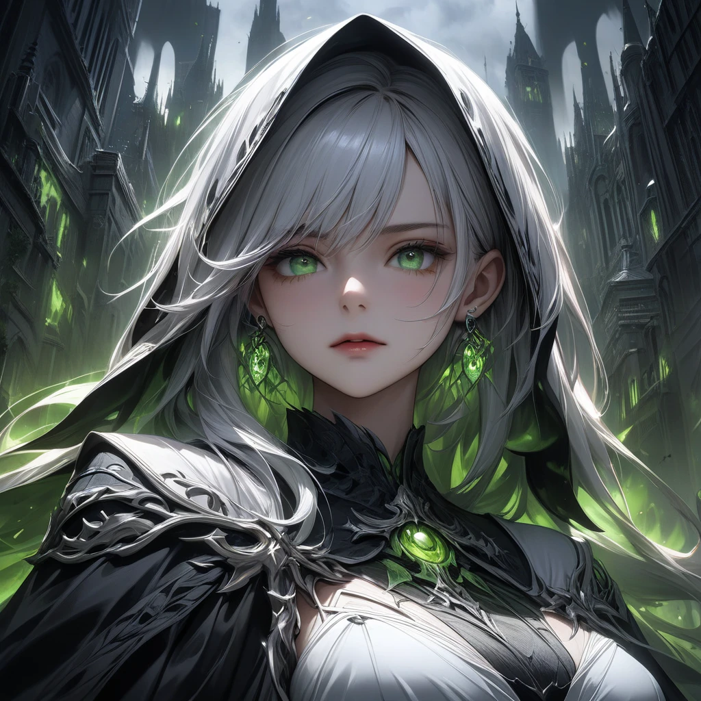 ((extreme quality)), ((Masterpiece)), ((Enrich the picture，Masterpiece level quality)), white hair, long hair, medium breasts, green eyes, fierce woman, ultra eyes details, RAW 4K, Realistically , ((great effect to highlight the subject)) , ( cinematic lighting, moody, textile shading), perfect proportions, ultra detailed, volumetric lighting, soft lighting, glossy skin, beautiful face, Special face details, strong emotions, elegant gesture, Detailed facial features, Long eyelashes, contrast, Incredible atmosphere, Fascinating setting, Haunting beauty , ear rings, reaper, หน้านิ่ง, black reaper cloth, dark city, nigth, spirit world, green spirit, a lot spirit ball around,
