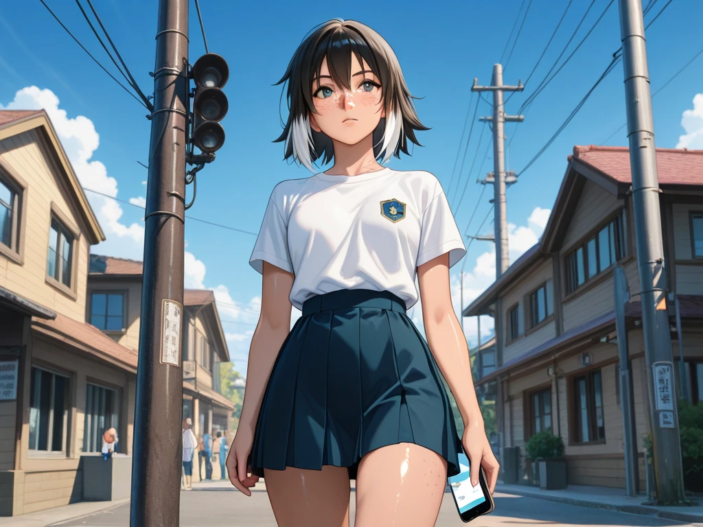 Makoto Shinkai, anime,asian young girl 、 bungs、freckles、high school girl、Black Haired, White Highlights, ( beautiful background), Lean on a telephone pole,  shiny skin,, very detailed, Great Work，vitreous luster , (looking at the smartphone) cowboy shot,