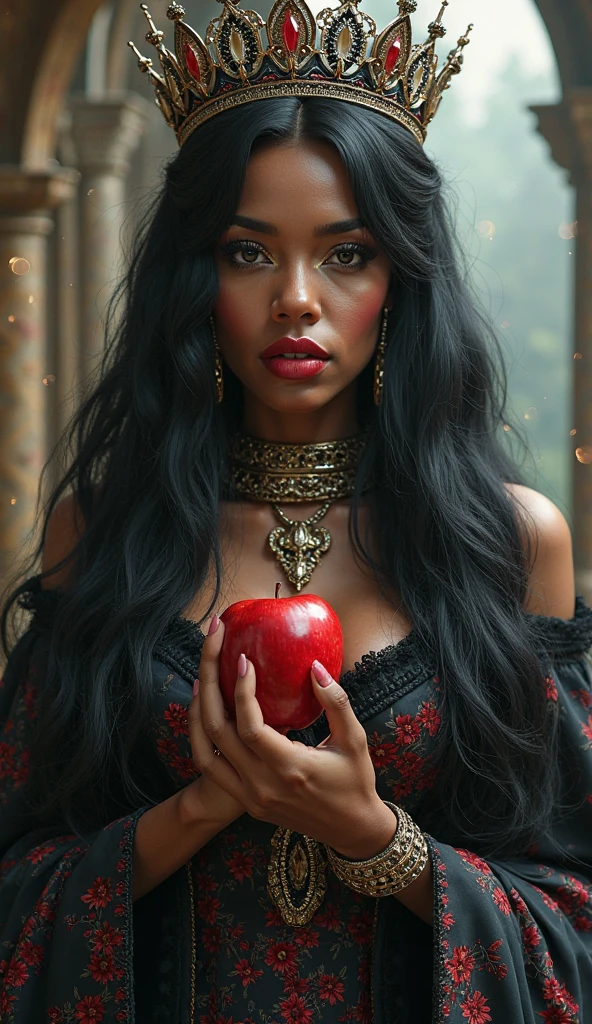 girl,Black long hair,Black Queen,Accessories,Apple in hand,Poison apples,Witch Queen,Red lipstick,close up