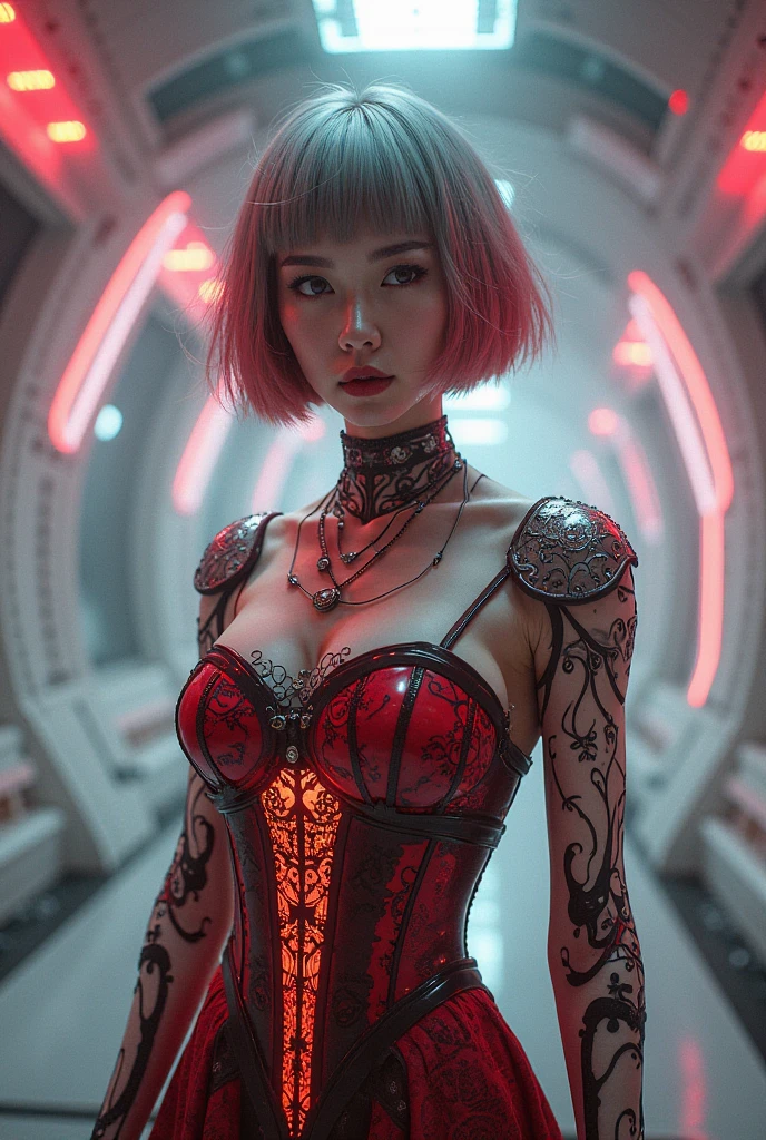 (((Cyber nostalgia overload、Glitch effects、retro grids、drown in pink gradients & digital dreams)))、透明なglassの胴体のアンドロイド暗殺者少女、((glass))、glassの内部の機械、詳細な肌、red gray short hair wolf cut、Interior of a spaceship in the 27th century 、 Unforgivable Assassin with Fear of Failure、Giving Despair  、 cruel、Sinister、???????、No escaping、 Blade Runner World 、 Delicate silver-carved body 、Mandala、  Technology from an Unknown Ancient Civilization  、Semi-permanent power source 、 Custom-made with over 20 years of history、 Works by Skilled Craftsmen  、Strong winds、Actual Product、 unvolume {X} pictures、((Ancient technology  ))、((  ???? model pose  ))、 Cyberpunk、????:1 . 2、  A CUTE AND ATTRACTIVE ASIAN WOMAN  、 innocent face、 Beautiful face of a 20 year old 、 ???? Idol、Actual Product、詳細な肌、 unvolume {X} pictures、 film art style、 cinematic lights 、  Lomography  、Likeくて魅力的なアジア人女性、 beautiful fashion model with big white wings 、 cute Japanese girls 、double eyelids、????、(dull eyes)、(round face)、smile、thin lips、元気Likeいグラビアアイドル、Like々 Functional gravure idol 、Likeくてかわいいグラビアアイドル、Likeいグラビアアイドル、 BEAUTIFUL JAPANESE WOMAN'S FACE 、かわいい魅惑的なsmile、 japanese model、  BEAUTIFUL ASIAN WOMAN  、 Cute beautiful face girl、EXpressionless、 cool face 、 Plump Cheeks 、Big Cheeks、 strapless dark red gothic taco corset mini dress to accentuate ????? shape、 Cute idol schoolgirl face 、 Immerse yourself in a dark world 、