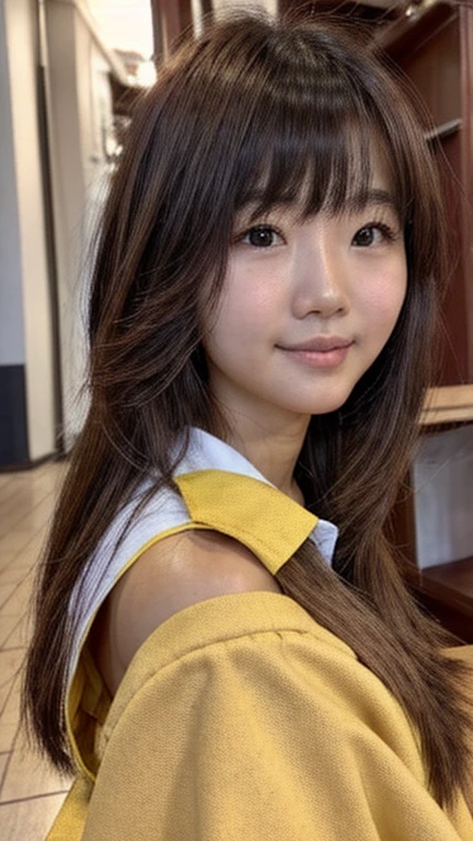 Ulzzang girl, black long hair, beautiful, yellow t-shirts, bed, close up, selfie, chubby