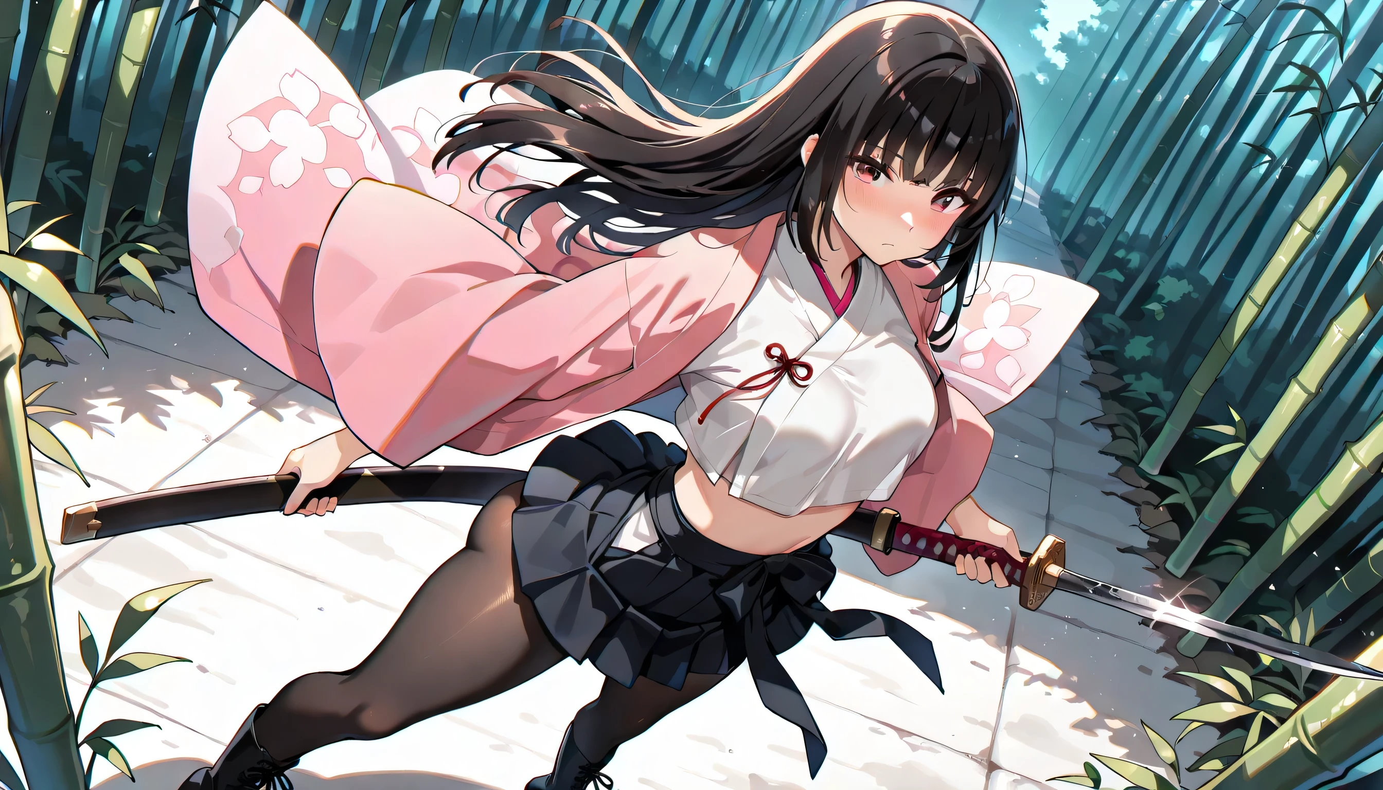 ((masterpiece, best quality, ultra detailed, high resolution, beautiful detailed face, beautiful detailed eyes, perfect hands, 4K)), (1 woman, solo), (medium breasts), (black long hair, straight hair, hair bangs), (black color clothes:1.2, Blush pink inner color Haori, cropped white shirt, midriff, Hakama style mini skirt), platform boots, Black pantyhose, (wind lift skirt), standing, Hold a katana in one hand and a sheath in the other, legs apart, looking at viewer:1.3, (Japanese brush and colored ink background), high angle, A young woman is drawn in a 3/4 view, facing slightly to the right. Her left eye is fully visible, while the right one is partially hidden due to the angle of her head. Her nose bridges slightly out from the center, and the mouth follows the curve of the jawline, subtly indicating the perspective. Dark bamboo forest, ancient Chinese weapons scattered on the ground – bloodstained sword, broken spear, cracked bow, bamboo leaves stained with blood, dim light reflecting on the blade with a subtle sparkle, gentle wind blowing through, bamboo leaves softly fluttering in slow motion, light mist and blue smoke drifting low across the scene, eerie silence, low angle shot ,(((bouncy butt)))