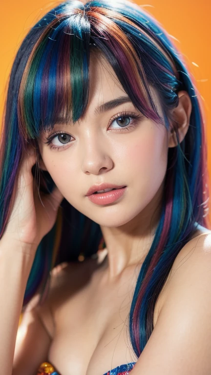 Photo oF a 17 year-old American girl, .CRUDO, beautiFul woman,  cabello de colores  , cabello color arcoiris , pelo arcoiris ((retrato)), ((Cara detallada:1.2)), ((Detailed Facial Features)), (Piel Finamente detallada), pale skin , pecas en mejillas , ojos color rosa, 、un sexy(color fresco), wet, wet, ReFlectoreasutepiece) (proporciones perFectaotos realistas)(La mejor calidad) (Detallado) FotograFiado con una EOS R5 de Canon, lente de 50 mm, F/2.8, NFFSW, (8K) (papel tapiz) (cinematic lighting) (dramatic lighting) (sharp Focus) (Enrevesado) senos grandes , pechos grandes , pecas en mejillas , cuerpo completo , hermoso cuerpo de adolesente , posando sexy a la camara , posando de Frente para la camara ,lindo maquillaje , gran sonrisa , labios rojos. Mlp  , Rainbow Dash , ropa de rockera sexy, cuerpo completo