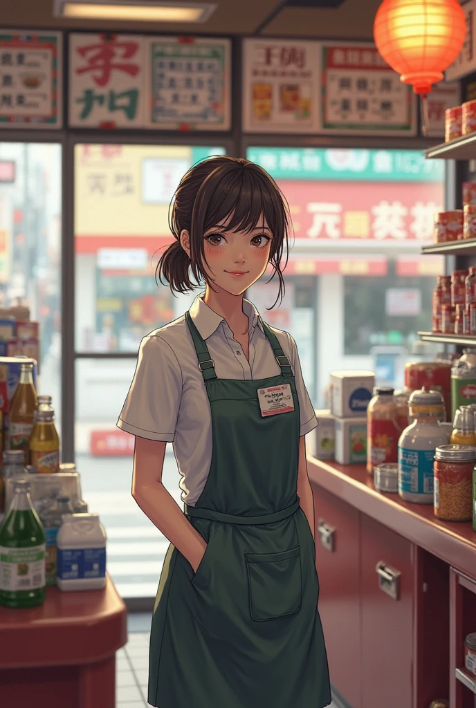 create a girl who is work at convenient store