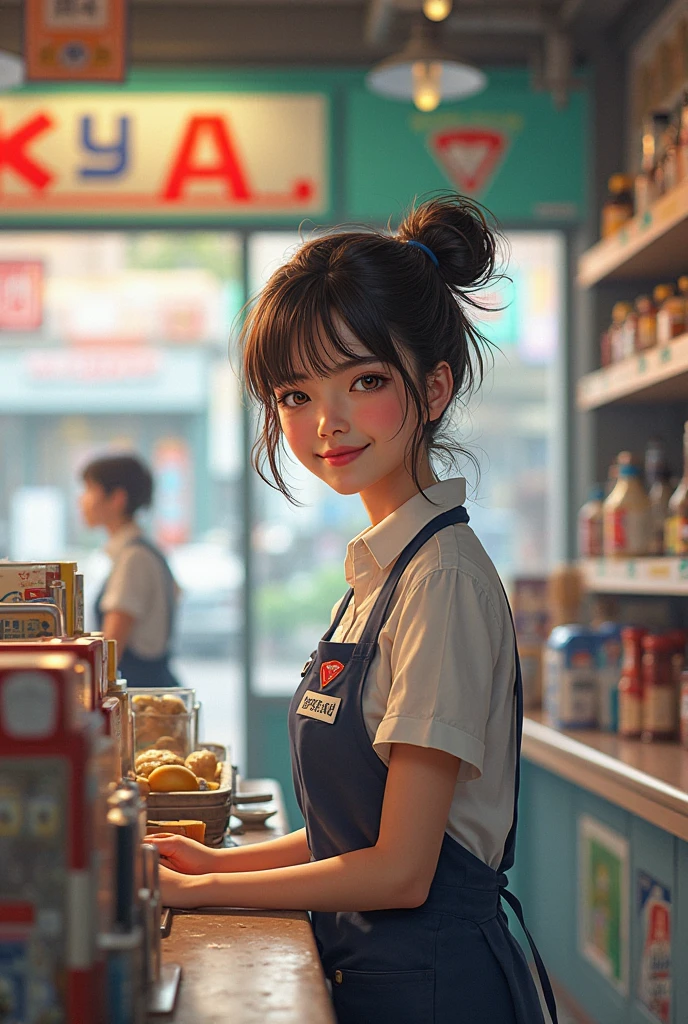 create a girl who is work at convenient store