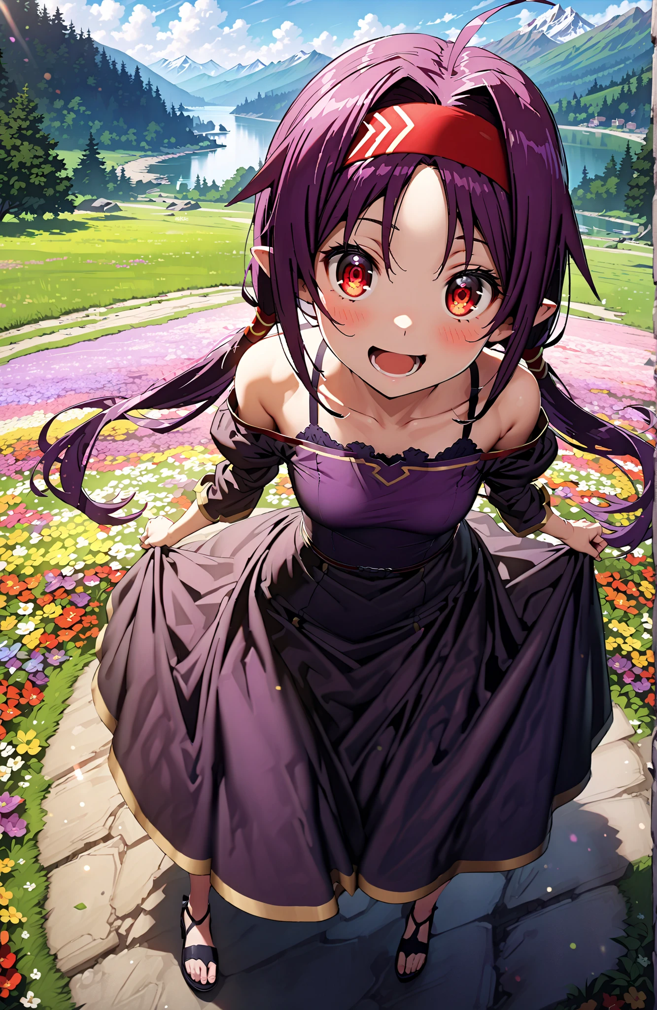 yuukikonno, yuuki konno, Headband, long hair, pointed ears, purple hair, red eyes,stupid hair,Low Twin Tails,smile,blush,open your mouth,bare shoulder,Bare clavicle,Bare neck,Purple off-shoulder dress ,Purple Long Skirt ,Heeled Sandals,standing,Flower Field,Mountain,river,full bodyがillustrationsに入るように,break outdoors,nature,
break looking at viewer,full body,
break (masterpiece:1.2), top quality, high resolution, Unity 8k 壁紙, (illustrations:0.8), (beautiful detailed eyes:1.6), highly detailed face, perfect lighting on the table, extremely detailed CG, full body写真,(perfect hand, Perfect Anatomy),
