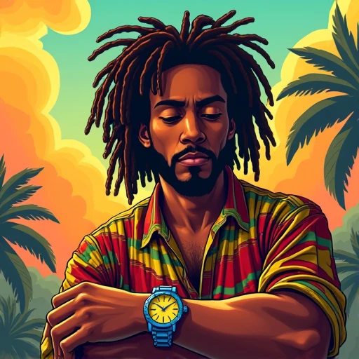 rastaman, 25 years old, have dreads in hair, hand wearing watch and watcing, cartoon