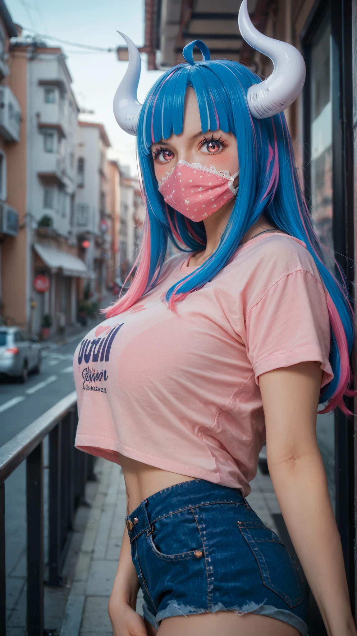 ult1, score_9, score_8_up, score_7_up, score_6_up, source_anime, 1girl, solo ulti, horns, pink eyes, multicolored hair, bangs, ahoge, mouth mask, large breasts, pink t-shirt, denim shorts, looking at you, blush, from side, city, white horns, blue hair, pink streaks