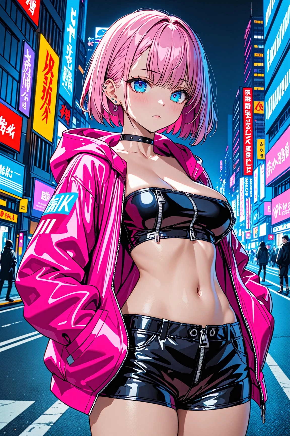 black pink,sexy girl with pink hair blue eyes,in the background japanese city at night,