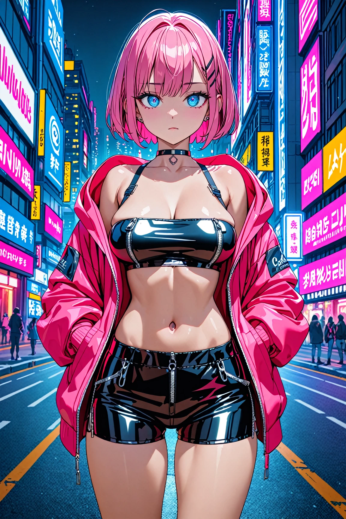 sporty girl,(((1girl))),((girl with bubblegum pink hair and freckles,extremely cute and gorgeous)),
(large breasts:1.4),saggy breasts,(((bubblegum pink hair:1.35,straight hair,long hair:1.4,colored inner hair,ear breathing))),((heterochromia:1.5, (pink_eye and aqua_eye))),((perfect pupils)),(((freckles on the face,freckles,freckled girl))),((fat)),(((lustrous skin:1.5,bright skin: 1.5,skin tanned,shiny skin,very shiny skin,shiny body,plastic glitter skin,exaggerated shiny skin,illuminated skin, wet legs))),(spider lower abdomen,narrow waist,wide hip,athletic body,inflated legs,detailed body,(detailed face)),((perfect feminine face)),
cute,slutty,seductive,erotic,((nsfw)),
zettai ryouiki,((two-piece swimsuit magenta,wearing a bikini outfit:1.3,sport bikini)),(rgb headphones:1.5,cyber gloves:1.5,huge mech-gloves),((wet clothes,intricate outfit,intricate clothes,intricate swimsuit, intricate bikini)),
(dynamic pose:1.0),embarrassed,(centered,scale to fit dimensions,Rule of thirds),
cyberpunk city by the ocean at night, with bright neon signs and dark stormy clouds and puddles, scenery:1.25,nighttime, starry night, cosmos,Very dark night that makes the neon lights stand out, very bright neon lights,
artistic photography,(photography taken by sldr),highres, sharp focus,(ultra detailed, extremely detailed), (photorealistic artwork:1.37),(extremely detailed CG unity 8k wallpaper),((synthwave background theme)),(((vibrant colors))),intricate,(intricate background),(masterpiece),(best quality),perfect rendered face,perfect face details,realistic face,photo realistic,analog style,((intricate detail)),(((realism))),