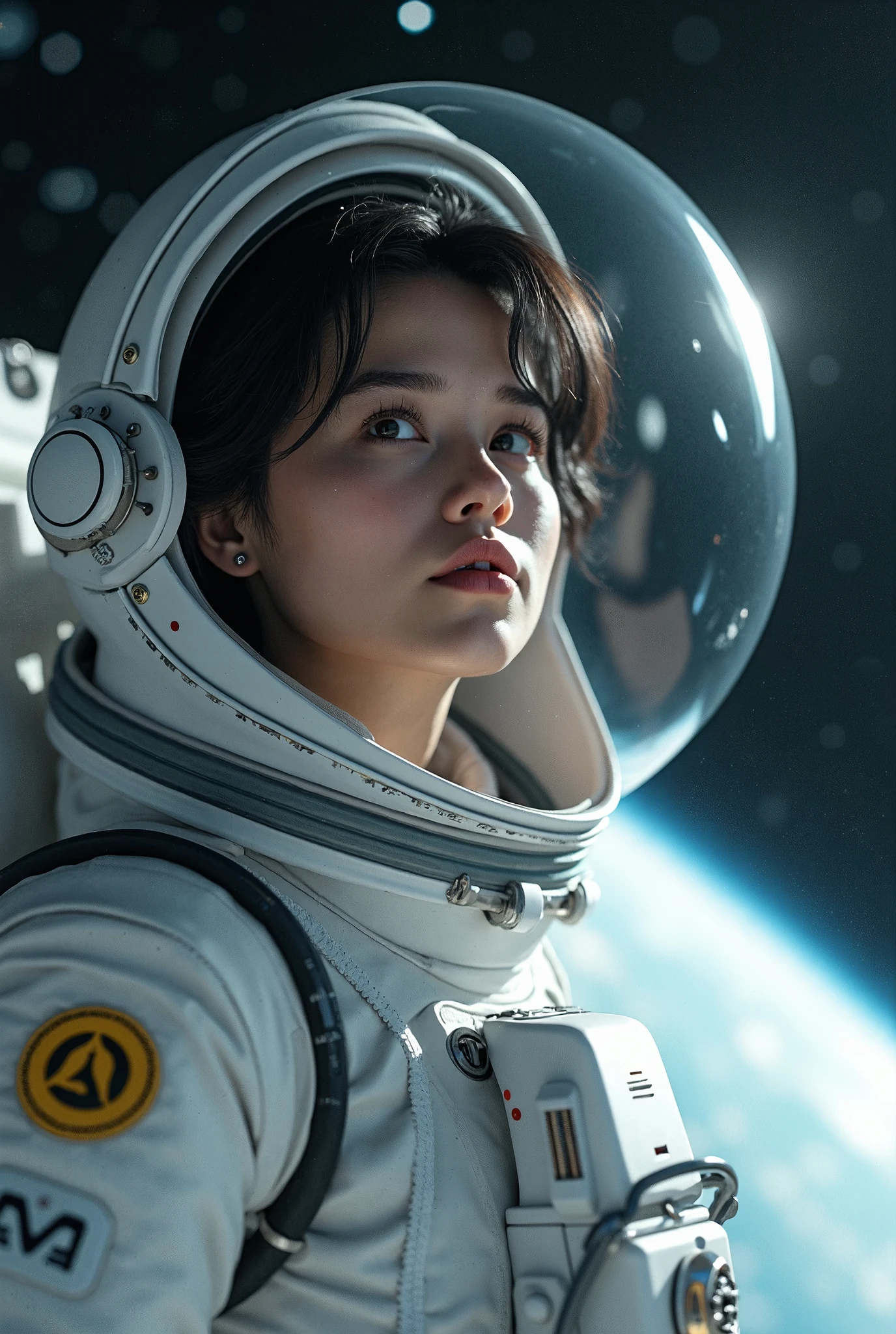 
a female cosmonaut taking in very short hair beautiful space. She has a white spacesuit, and white gloves, and her head is inside a transparent helmet, masterpiece, best quality, highly detailed face, perfect lighting,