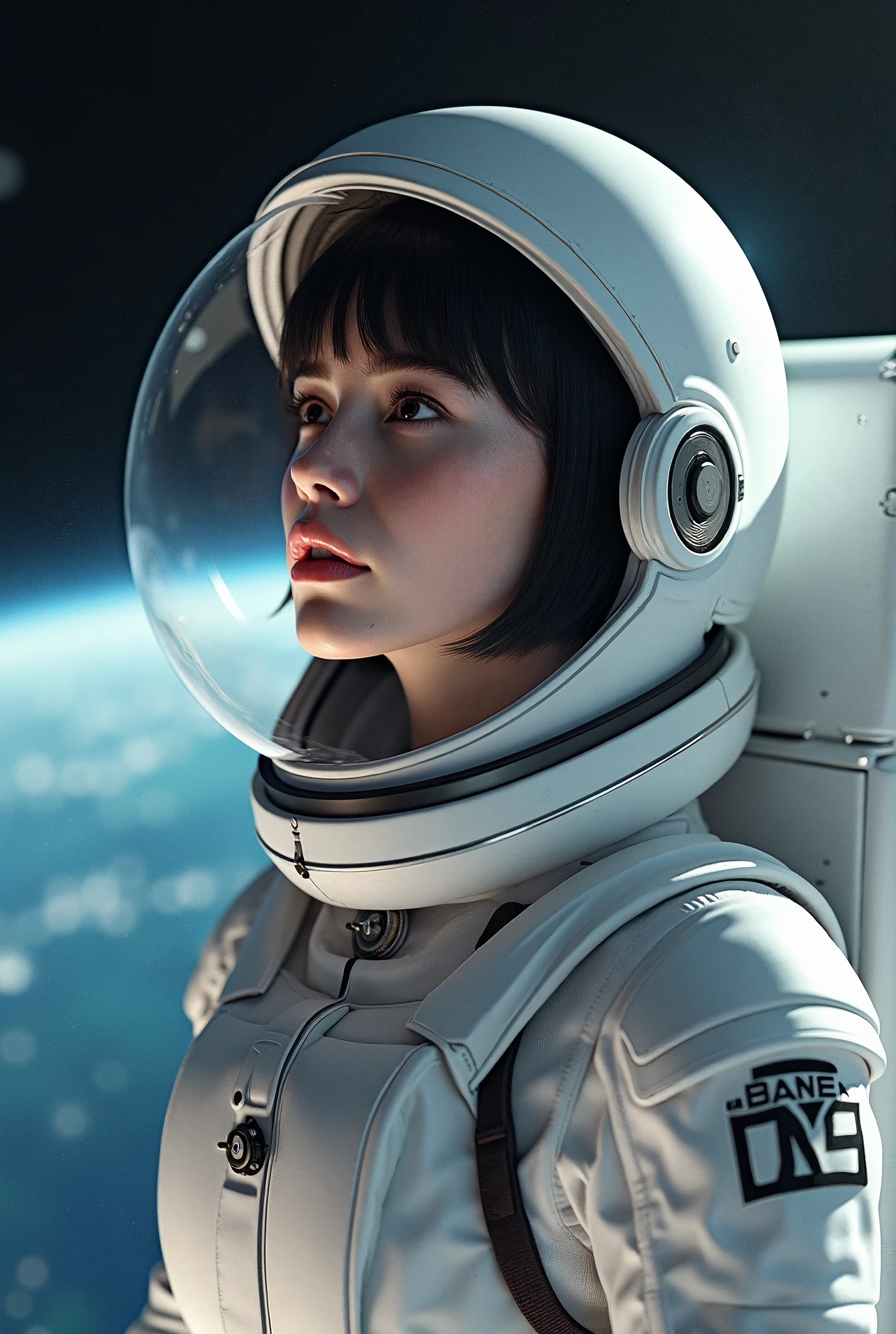 
a female cosmonaut taking in very short hair beautiful space. She has a white spacesuit, and white gloves, and her head is inside a transparent helmet, masterpiece, best quality, highly detailed face, perfect lighting,