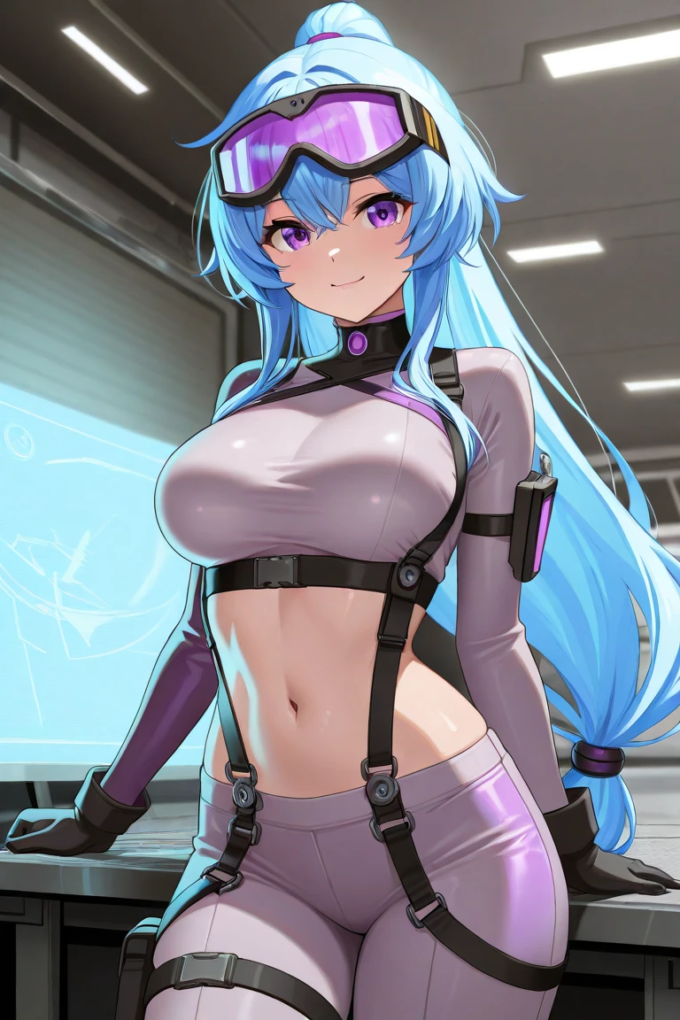 1girl, large breasts, thick thighs, blue hair, very short hair, shoes, sneakers, bodysuit, black bodysuit, cleavage, neon trim, neon lights, machinery, futurustic, science-fiction, tech, serious, spread legs, squatting, toned, ((toned)), salute, black thighhighs, thighhighs, mature female, milf, abs, robot, robot girl, highleg