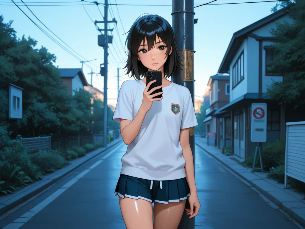 Makoto Shinkai, anime,asian young girl 、 bungs、freckles、high school girl、Black Haired, detailed eyes, ( beautiful background), Lean on a telephone pole,  shiny skin,, very detailed, Great Work，vitreous luster , (looking at the smartphone) cowboy shot,