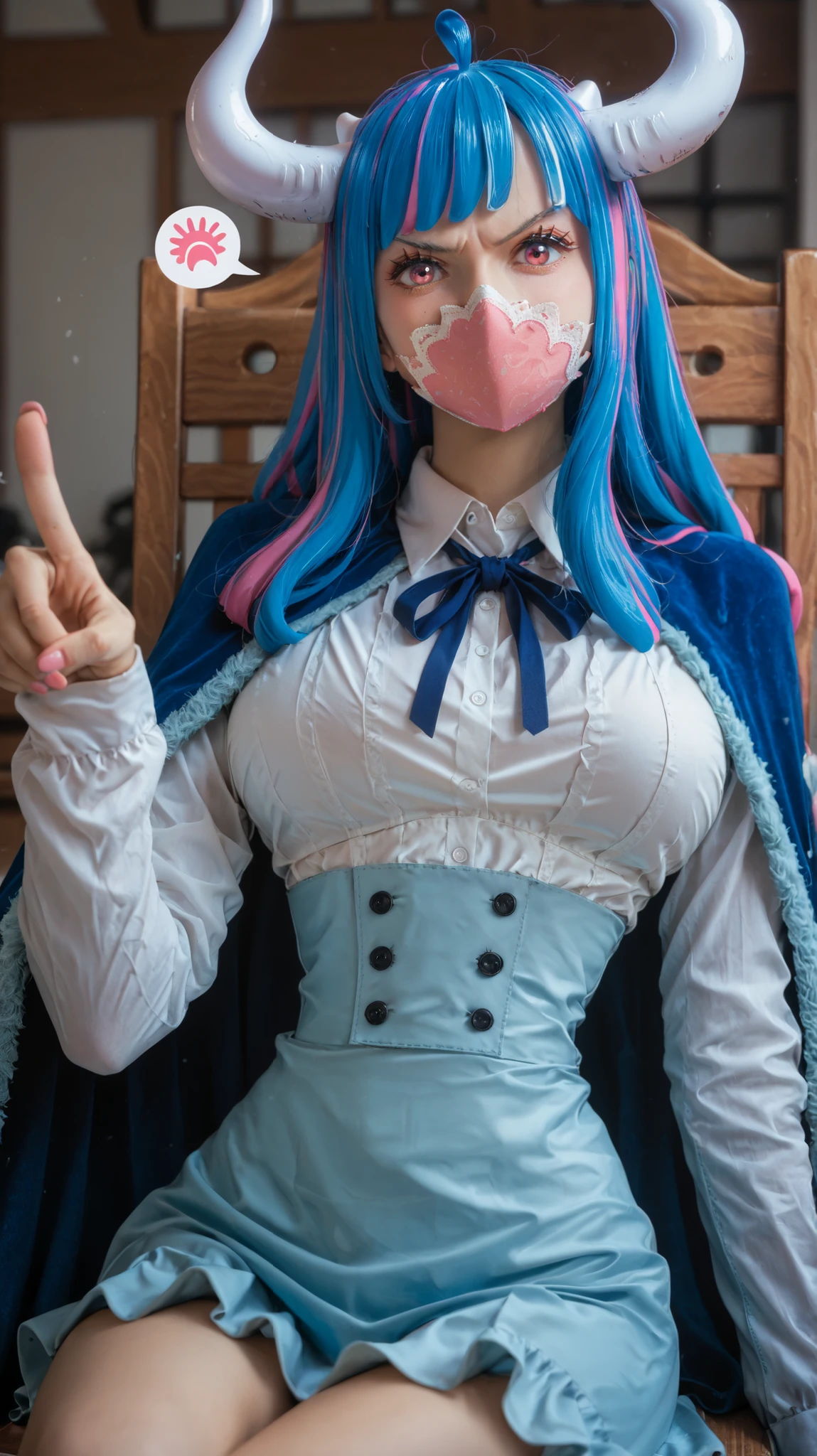 ult1, score_9, score_8_up, score_7_up, score_6_up, source_anime, 1girl, solo ulti, horns, pink eyes, multicolored hair, bangs, ahoge, mouth mask, blue cape, white shirt, long sleeves, neck ribbon, light blue skirt, high-waist skirt, large breasts, sitting in chair, looking at you, pointing at you, annoyed, spoken anger vein, white horns, blue hair, pink streaks