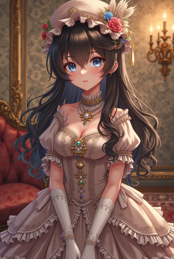 moe anime artstyle,princess luxurious, aristocrat, noble, arrogant,((absurdly long Straight hair)),Red Eyes,(((beautiful embroidery and jeweled gorgeous rococo ballgown with voluminous full length crinoline hoop skirt))),(((absurdly gigantic tits,curvy))),deep cleavage,Skindentation,((detailed face and eyes)),extremely gorgeous hair ornament,((extremely gorgeous big tiara)),luxurious jewelry,((((absurdly gigantic tits))),gorgeous palace,,((Arrogant smile))