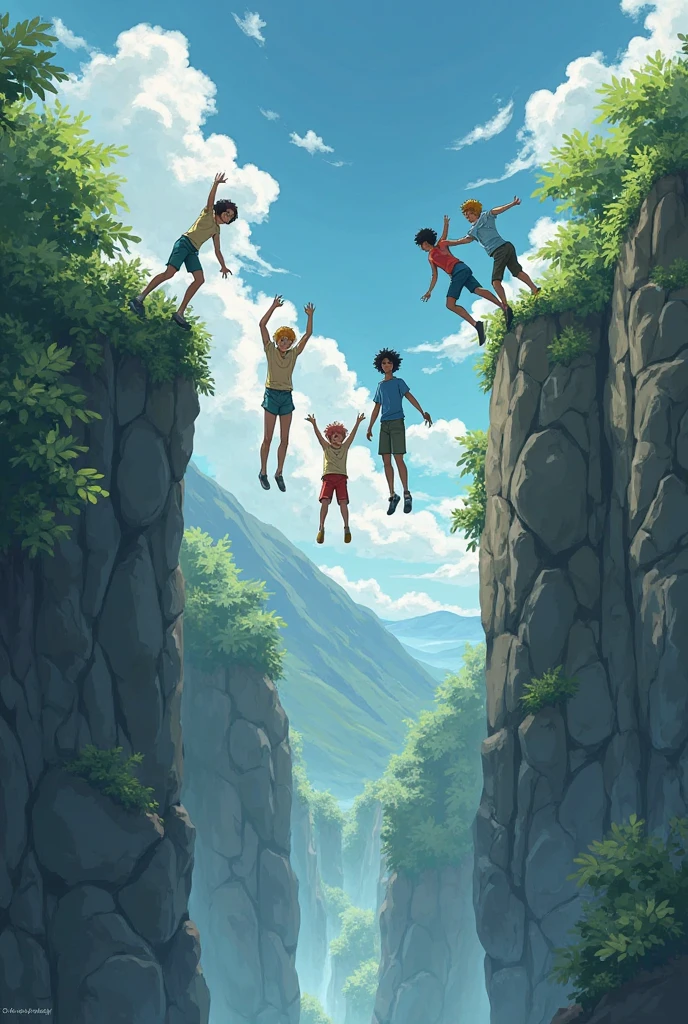  a boy with green eyes and his eyes are droopy, French nationality, and his light brown hair already passing for blond and another boy with hazel eyes, black hair with red, dark-skinned,  measures 1,90 and has a piercing in his eyebrow. There are 7 people jumping from a ravine on their backs , Anime style they are 2 people