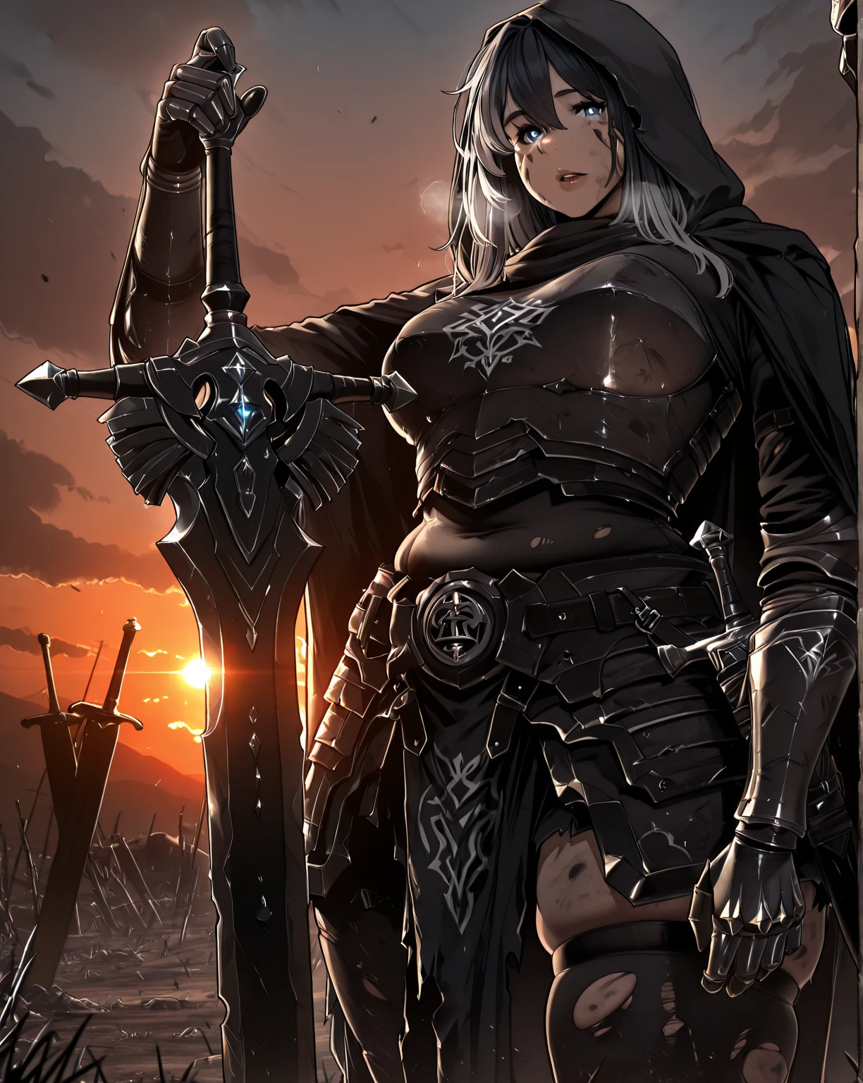 Sakuranotomoru, ((Cinematic, UHD, dynamic lights, high contrast)), comic, score_9, score_8_up, score_7_up, score_6_up, score_5_up, score_4_up, uncensored, detailed background, vignetting, masterpiece, Cinematic, high quality, absurdres, best quality, very aesthetic, newest, digital art, trending on ArtStation, ((anatomical correct)), perfect body, perfect eyes, perfect fingers, gasping, heavy breathing, gasping profusely, cinematic, ((skindentation)), ((curvy)), Teresa_Corrupt, facial tattoo, facial mark, blue eyes, long hair, grey hair, black hair, hair between eyes, bright pupils, plump, weapon, sword, gauntlets, armor, solo, holding, cape, holding_weapon, holding_sword, outdoors, sky, belt, hood, looking_at_viewer, sheath, cloud, parted lips, sunset, standing, black_cape, cloak, planted, ((dirty, dusty))