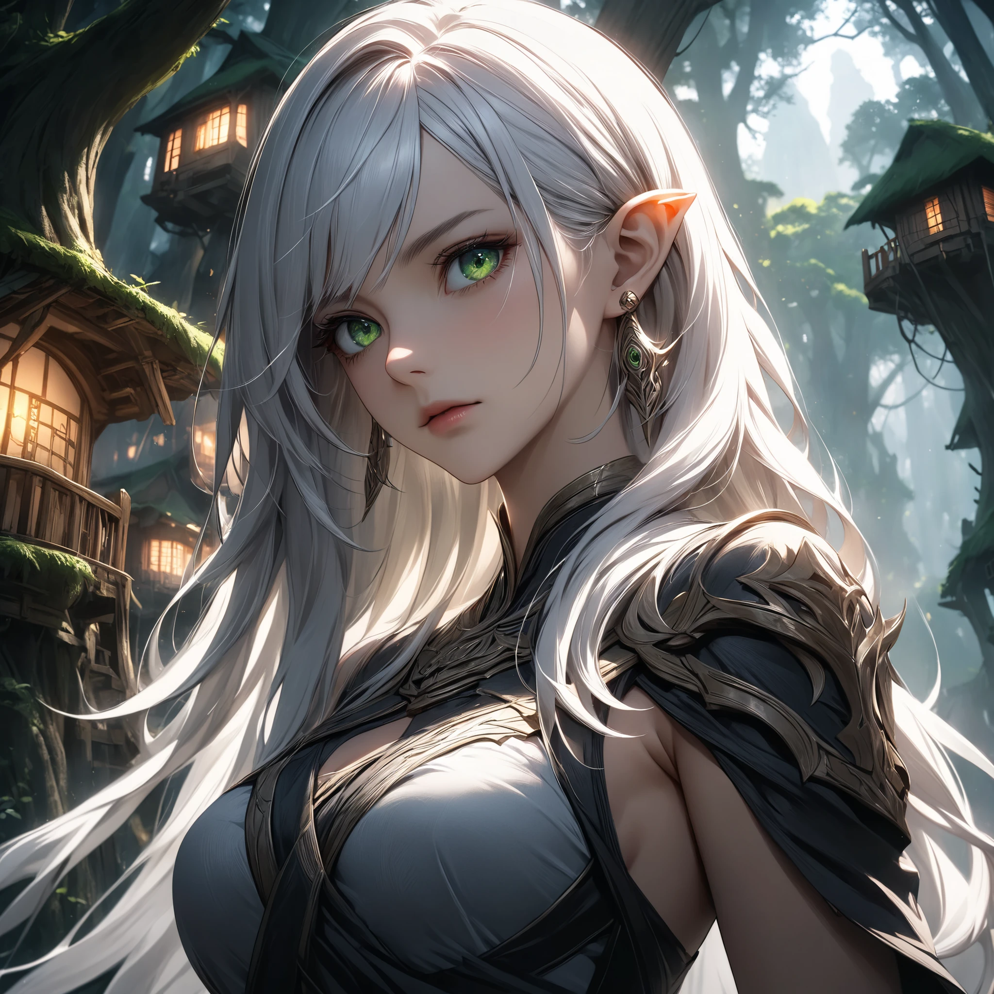 ((extreme quality)), ((Masterpiece)), ((Enrich the picture，Masterpiece level quality)), white hair, long hair, medium breasts, green eyes, fierce woman, ultra eyes details, RAW 4K, Realistically , ((great effect to highlight the subject)) , ( cinematic lighting, moody, textile shading), perfect proportions, ultra detailed, volumetric lighting, soft lighting, glossy skin, beautiful face, Special face details, strong emotions, elegant gesture, Detailed facial features, Long eyelashes, contrast, Incredible atmosphere, Fascinating setting, Haunting beauty , ear rings, High elf, หน้านิ่ง, black Elf cloth, Massive forest city, A lot Tree House,