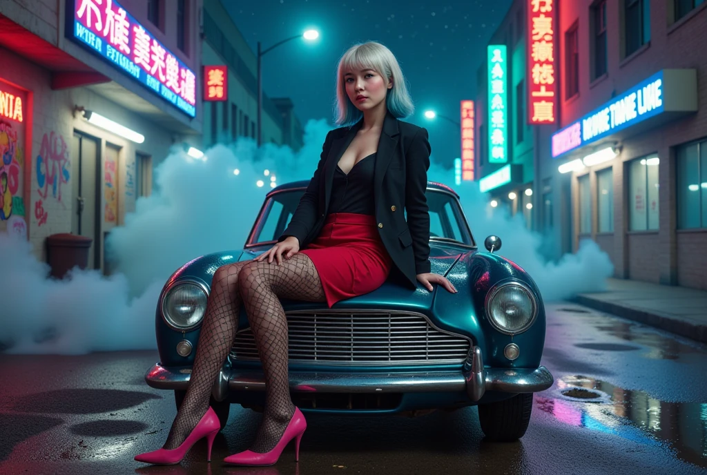 Retro sexy  young girl, white skin, black jacket, blouse, red skirt, black lace tights, pink high-heeled shoes, Sitting on the hood of the 1950 silver Aston Martin car, homeless, electric blue, a street wet, Fog on the street Makeup, Gradient Hair Color, buildings, starry night Cinematic lighting, semitone, Chiaroscuro, UHD, Very detailed, High Quality, The best quality, Post-apocalyptic world alley, Underworld laser rays, Cloudy skies and fogs Big breasts,  breasts, Imax Cinematic lighting, bright light,  Overexposure, High Quality, Cyberpunk Big Breasts,  breasts, UHD, from above, Suburb Makeup,  Top teeth , Blush all over the face, red lips, Blushing ears, niebla electrica , shoulder-length fireworks, Neon graffiti, Light on the face 