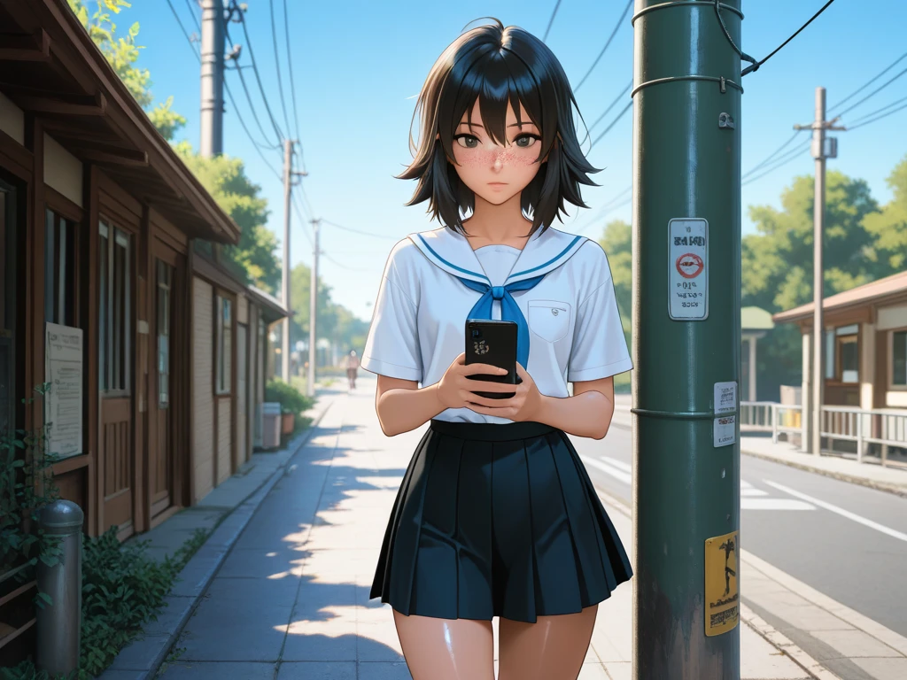 Makoto Shinkai, anime,Asian Young Girl 、 bungs、freckles、high school girl、Black Haired, detailed eyes, ( beautiful background), Lean on a telephone pole,  shiny skin,, very detailed, Great Work，vitreous luster , (looking at the smartphone) cowboy shot,