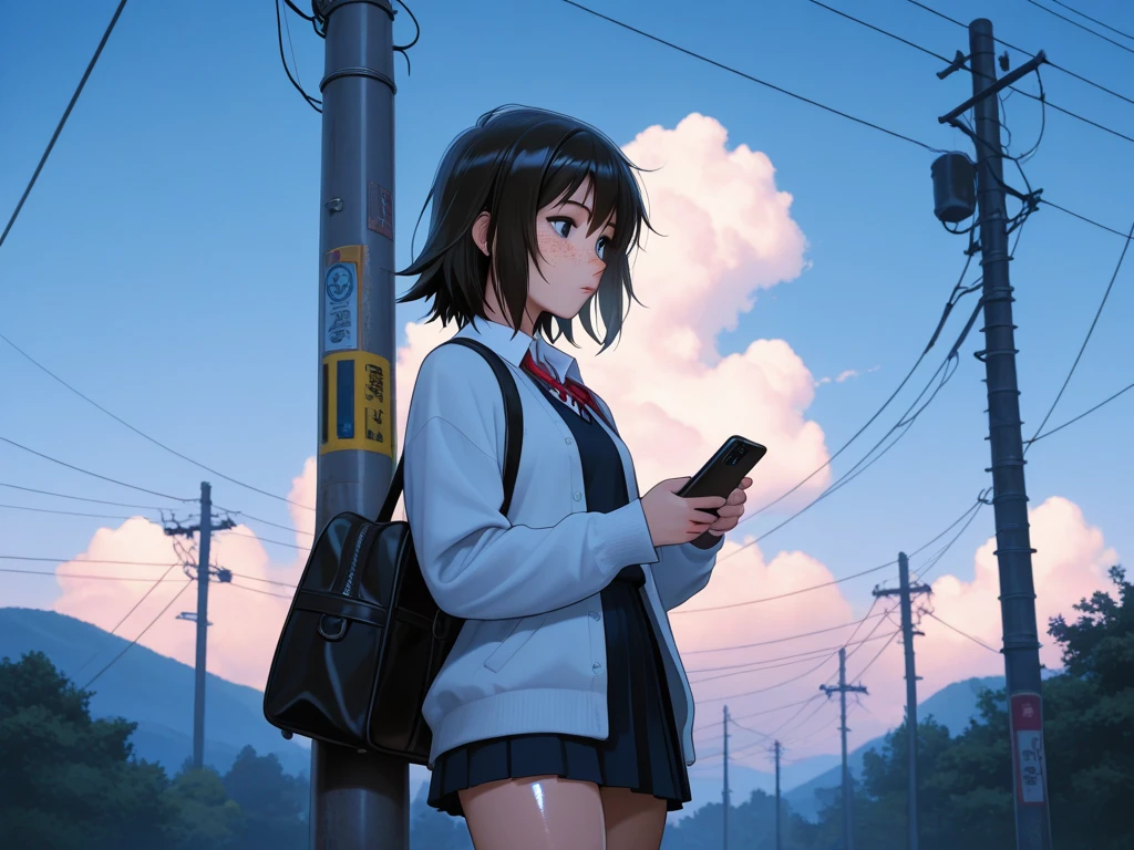 Makoto Shinkai, anime,Asian Young Girl 、 bungs、freckles、high school girl、Black Haired, detailed eyes, ( beautiful background), Lean on a telephone pole,  shiny skin,, very detailed, Great Work，vitreous luster , (looking at the smartphone) cowboy shot,