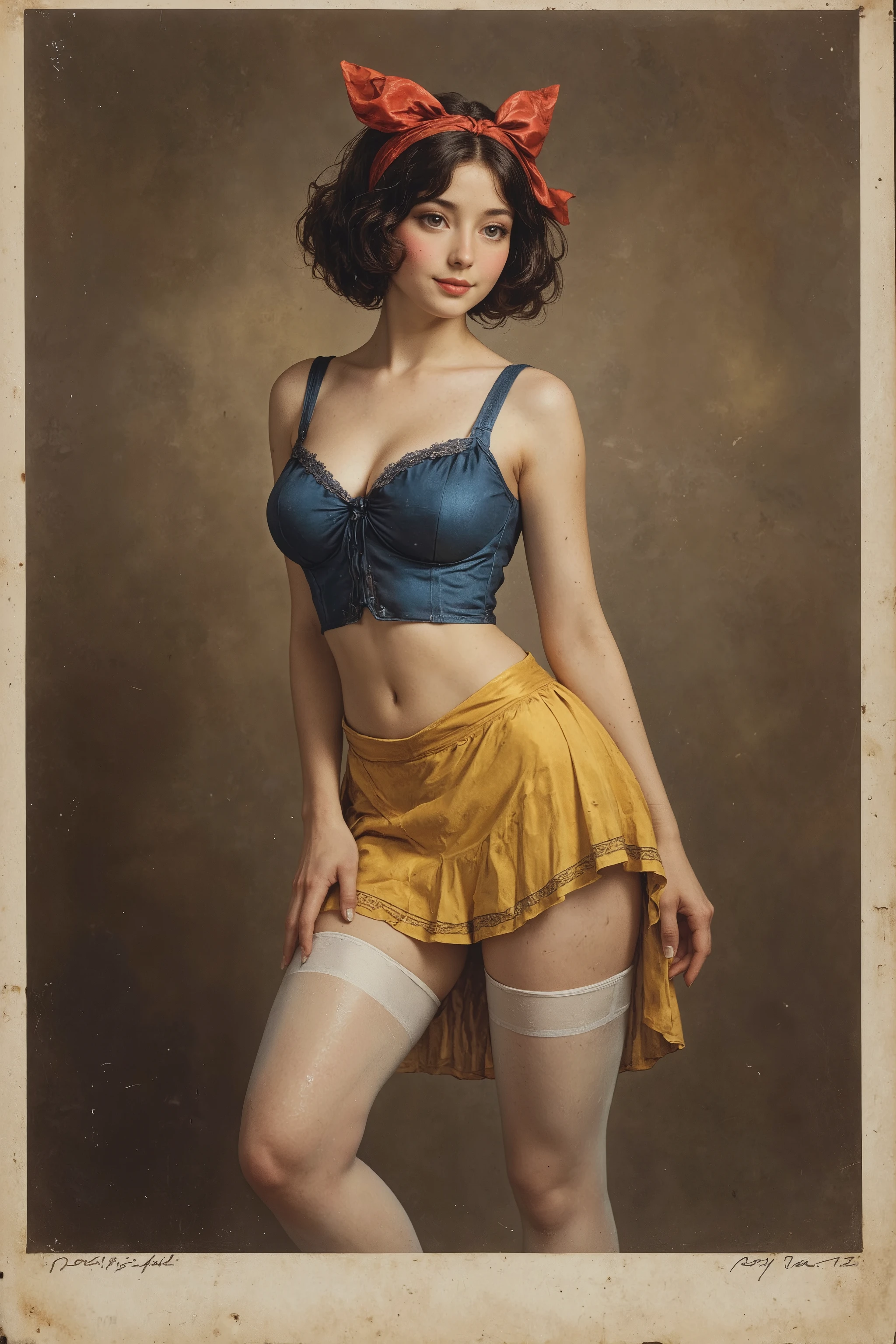 antqgldnCE style, , A full-body publicity photograph of a young , Snow White, 19th century photograph, antique photograph, sepia-toned photograph, blue bodice and yellow flared , white tights, headband with a large red ribbon, natural smile, name, price, date,