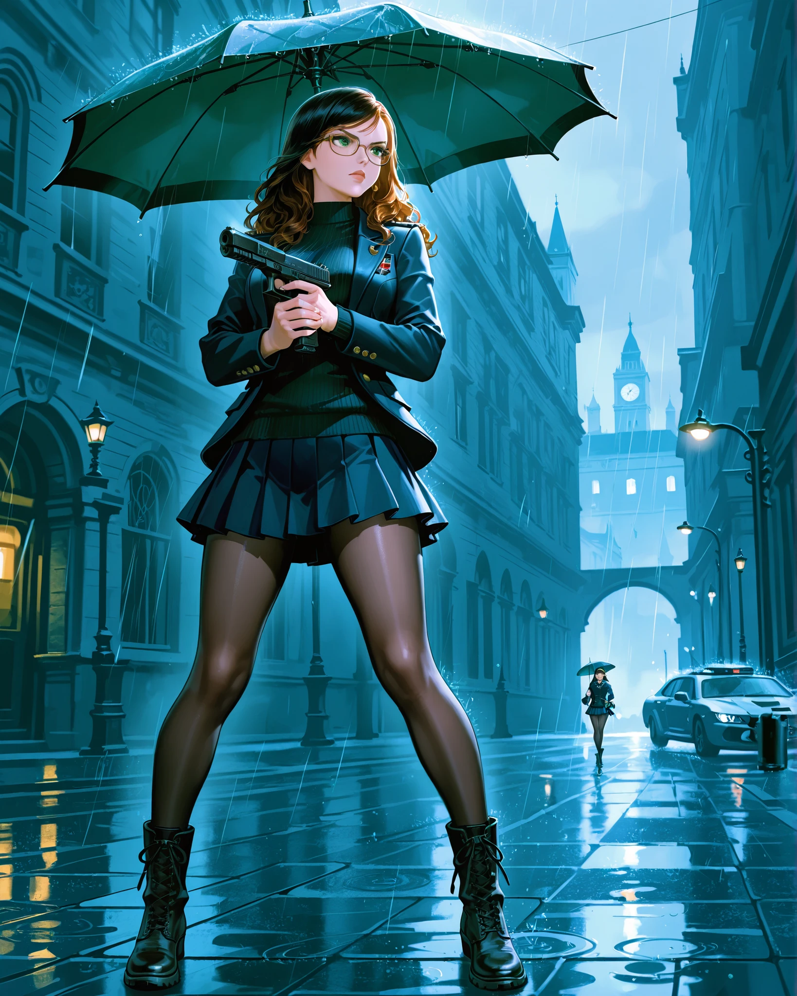masterpiece, best quality, absurdres, highres, newest, 1girl, black hair, wavy hair, side pigtail hair, emerald green eyes, (glasses), lips, serious expression, dark blue lethal jacket, black pinstriped sweater, (dark blue pleated skirt, miniskirt), full black tights, black combat boots, perfect anatomy, standing kung fu stance, inspired by Emma Peel from the Avengers, inspired from Mary Poppins, inspired from Anna Williams from Tekken, inspired by Scarlett Johansson, one hand holds a parasol that operates like an helicopter, the other hand holding a GLOCKG pistol with suppressor, trigger discipline, London street background, rain, intense atmosphere, a British soldier armed with a ar-15 rifle in the backdrop. cinematic lighting