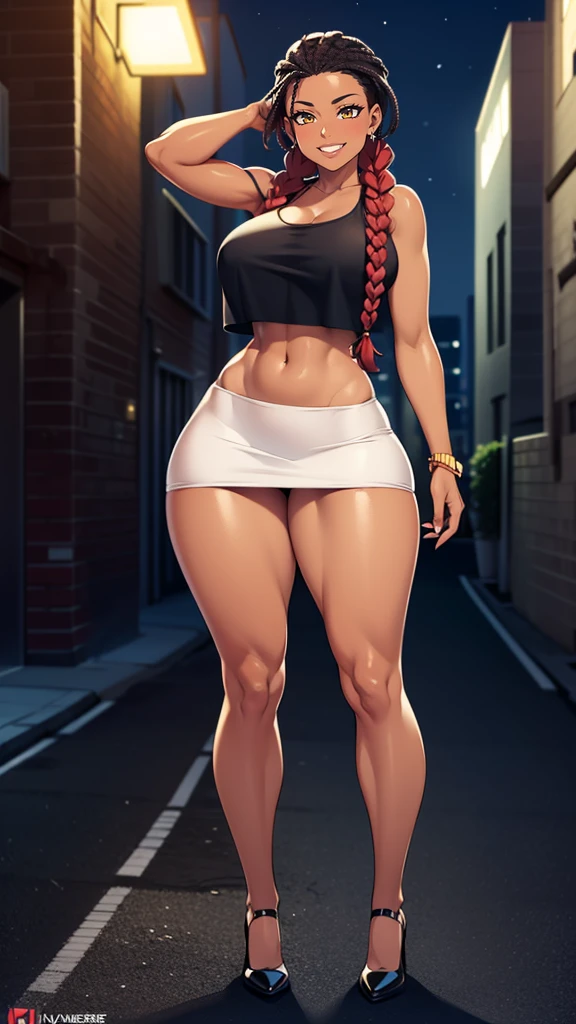 4K Quality, sexy smile, black woman, pretty eyebrows, (black and red skirt), (black and red Jordans), standing up, (black and red braids), ((dark skinned)), thick thighs, big breasted, big ass, looking at viewer, red eyes, night time, city background,