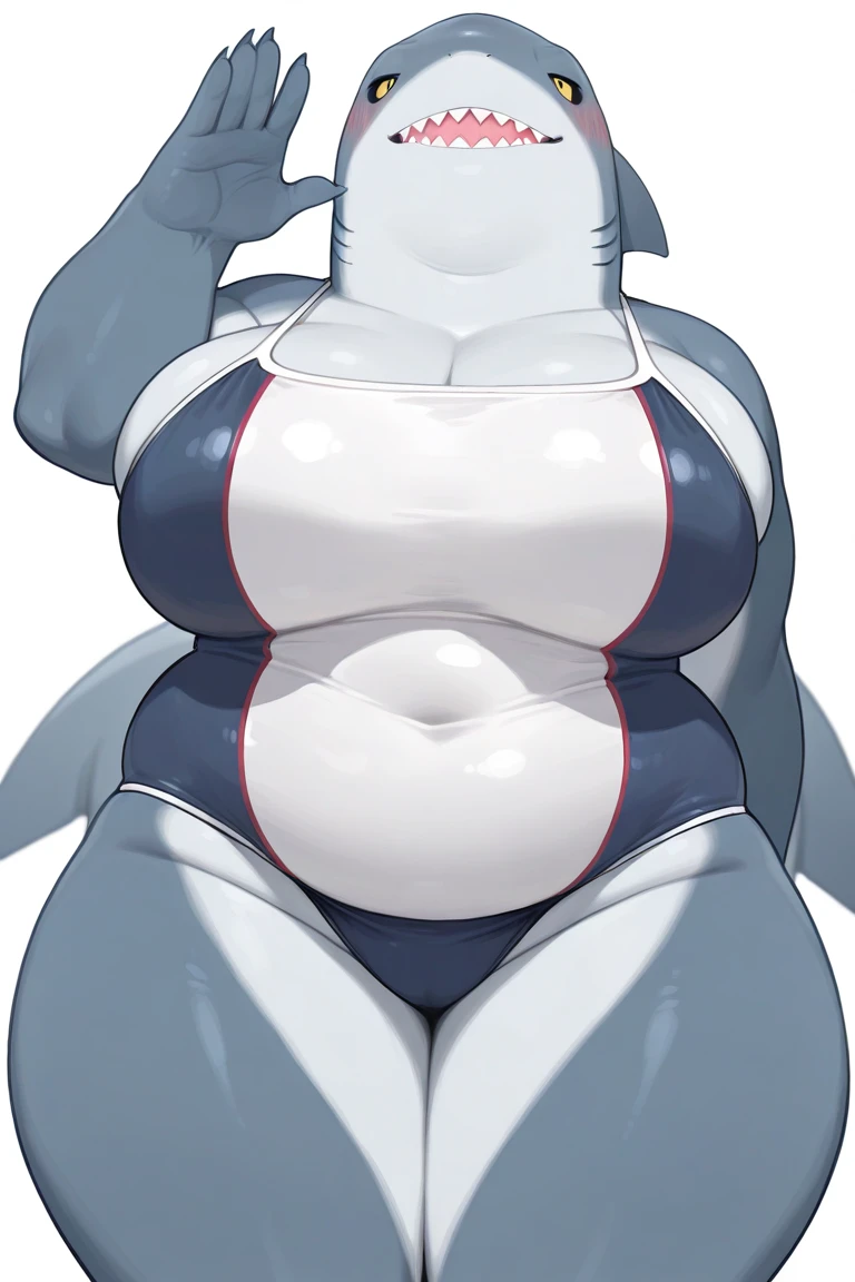 Silver wolf, female, huge breasts, huge hips, huge thighs, plump, voluptuous, morbidly obese, fat arms, fat legs, belly rolls, fat rolls,silver body,white spots,white markings, silver eyes,silver hair,shiny hair,messy hair,bikini,huge belly