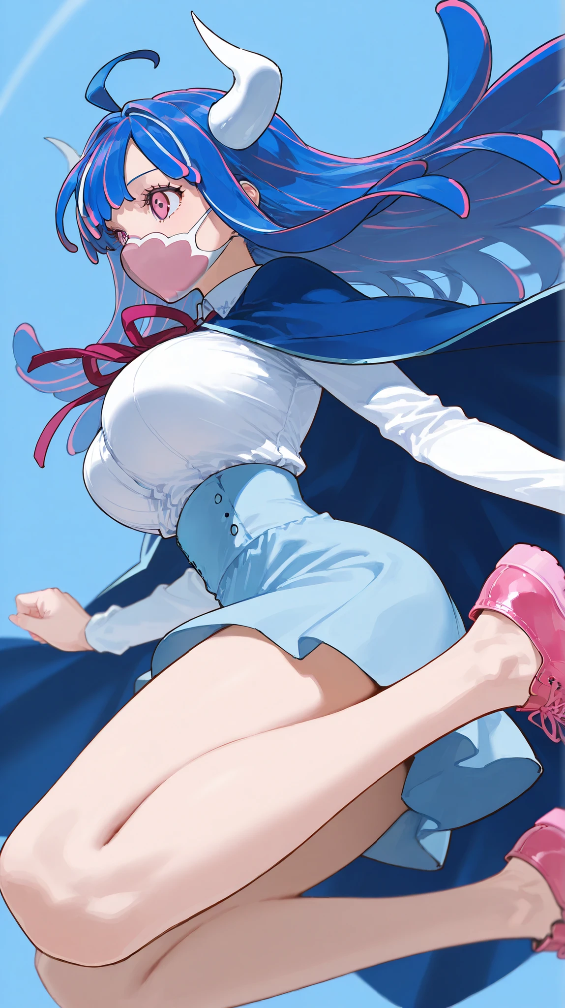ult1, sscore_9, score_8_up, score_7_up, score_6_up, source_anime, 1girl, solo  ulti, horns, pink eyes, long hair, multicolored hair, bangs, ahoge, mouth mask, blue cape, white shirt, long sleeves, neck ribbon, light blue skirt, high-waist skirt, large breasts, pink shoes, jumping, midair, from side, white horns, blue hair, pink streaks