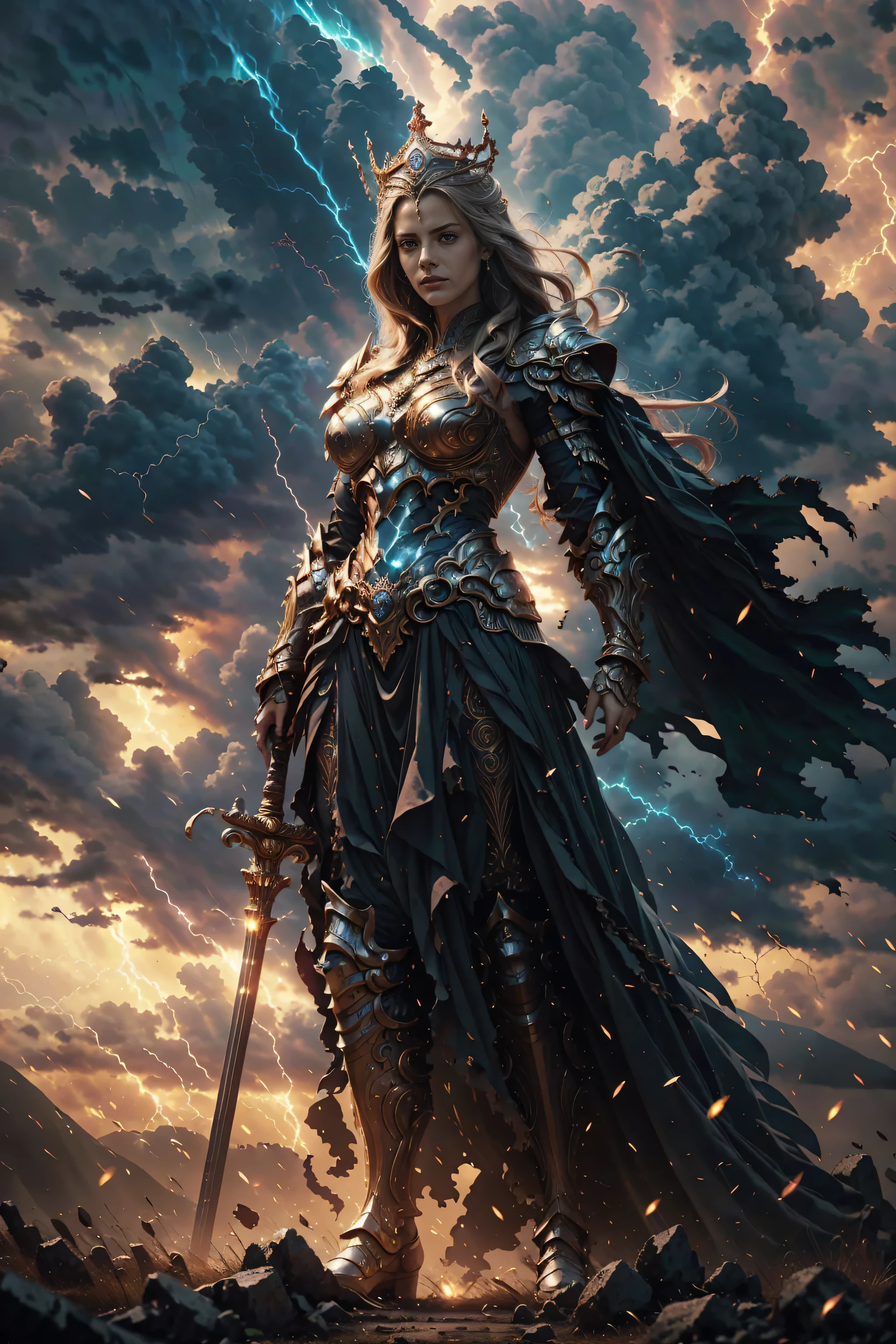 full body, long shot, low angle view, epic divine female warrior inspired by Roman mythology, (celestial armor with golden engravings), red flowing cape, glowing ornate spear, crown with halo, ethereal aura, feathers drifting in the air, standing in ancient ruined temple, stormy clouds and lightning in the background, cinematic lighting, sunset sky, dramatic atmosphere, (masterpiece), (ultra-detailed), 8K, HDR, RAW photo, award-winning fantasy art, epic composition