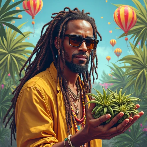 rastaman, 25 years old, have dreads in hair, wearing black sun glasses, hand wearing 1 kilo gram weed buds packet, cartoon