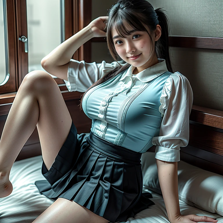 ultra highres,(reality: 1.4),highest quality, masterpiece, high detail, 16K quality, beautiful, 1 beautiful girl,japanese,super beautiful face,baby face,japanese idol face,cute face,super detailed face,detailed hand,beautiful skin,sweaty skin,big eyes,smile,profeccional lighting,medium hair, black hair,brown beautiful eyes, white shirt, open button,cleavage,checked skirt,((sitting with knee up)),(skirt lift),(((showing panties:1.3))),white panties,spread legs,medium breasts,black high socks,she is looking at the camera,skyscraper looftop,blue sky,nsfw,from front,