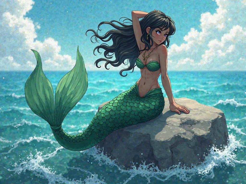 (best quality,4k,8k,highres,masterpiece:1.2),ultra-detailed,age girl gets magically transformed into a cute mermaid, fantasy transformation,red-eyed,beautiful detailed eyes,spiky long ginger hair,happiness,cute mermaid, long and detailed mermaid tail with shimmering green scales, green seashells bra decorated with pearls,pair of fish gills on her torso, red and black ribbon headband, starfish hair clips, pearl hair ornaments, pearl earrings and bracelets, pearl necklace, red manicured nails, eye-catching accessories,beautifully detailed lips, sitting on a rock, sandy beach, new beautiful body,she’s smiling,embracing her new life has a mermaid, brushing her hair, ocean waves,sparkling water,coconut trees,seagulls,coral reef,vibrant colors,magical glow,shimmering scales,sea breeze,warm sunlight,joyful expression,island paradise,lush tropical plants,dynamic composition,soft and smooth lines,expressive facial features,gentle water reflections,serene atmosphere, Highly detailed, masterpiece, high quality, 4K