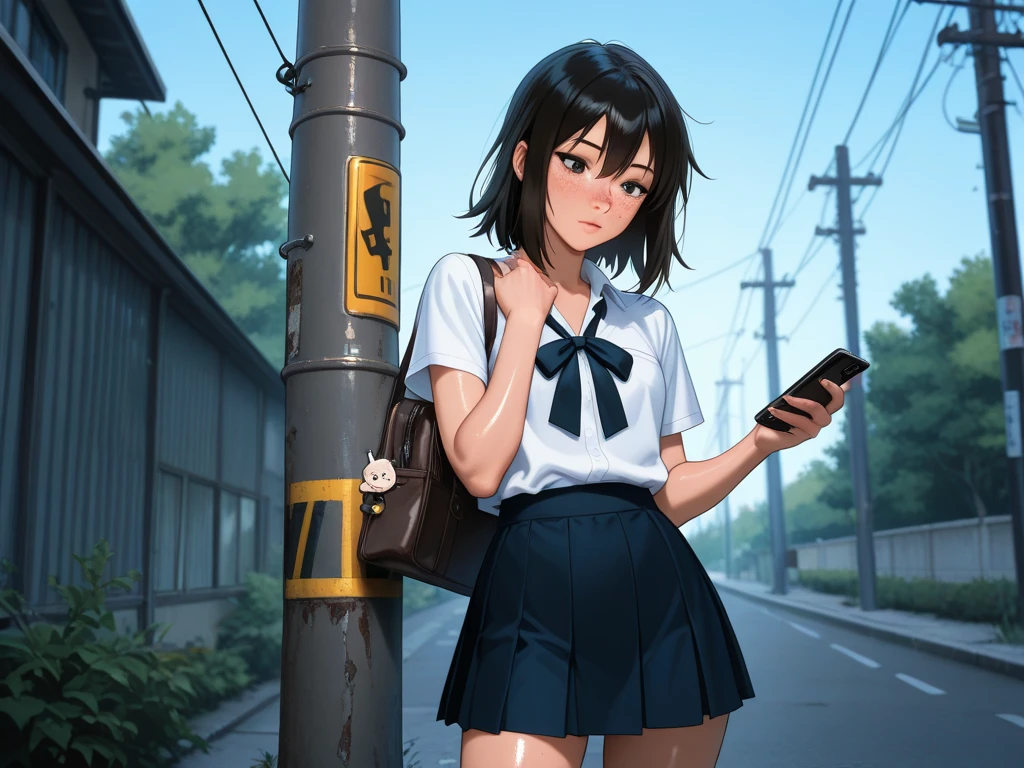 Makoto Shinkai, anime,Asian Young Girl 、 bungs、freckles、high school girl、Black Haired, (detailed eyes) ( beautiful background), (Lean on a telephone pole)  shiny skin,, very detailed, Great Work，vitreous luster , (looking at the smartphone) cowboy shot,