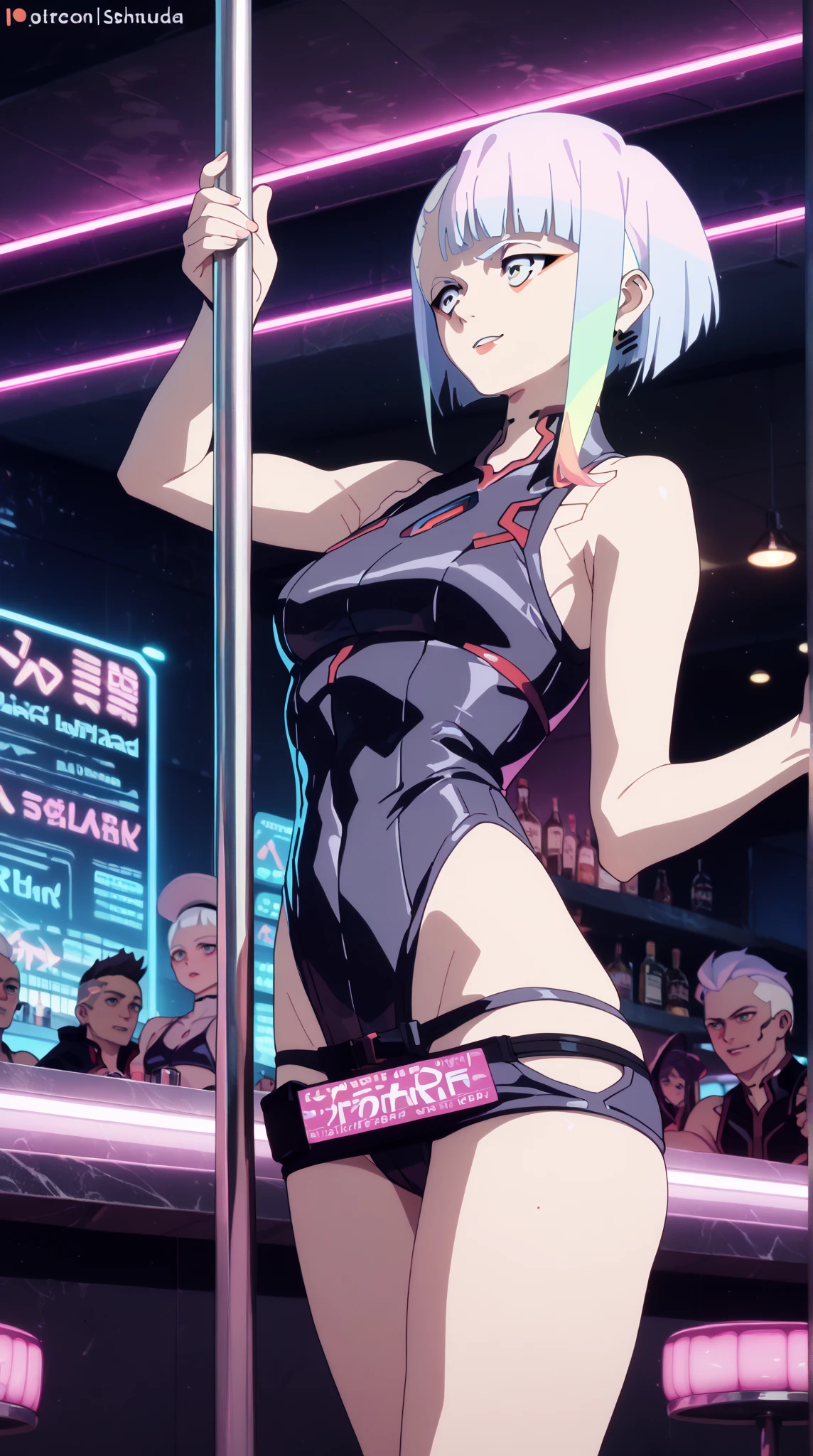 A girl, Lucy from Cyberpunk edgerunners, Look back，Cyberpunk, Insertion from behind，naked