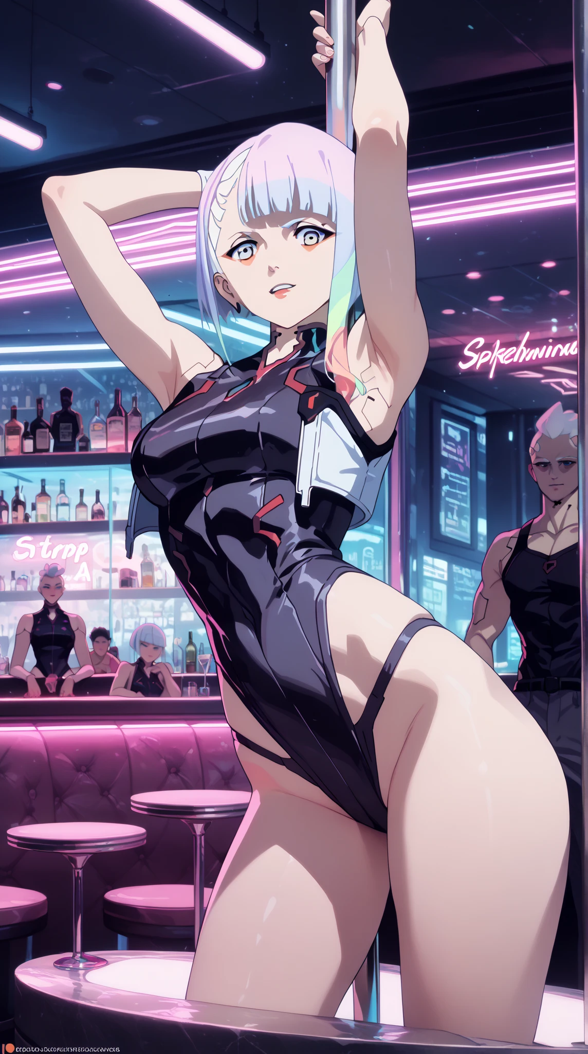 (2girls), red eyes, purple eyes, mature, mole onder eye,white hair, both white hair, pigtails, long hair,, x ornament, big lips, pretty lips, ((gyaru)), gyaru hairstyle,good hips and long legs, hourglass shape, pretty face with arms and legs, 2 4 year old female model, sporty, photo of slim girl model, sexy, gamer girls, gamer, holding each other